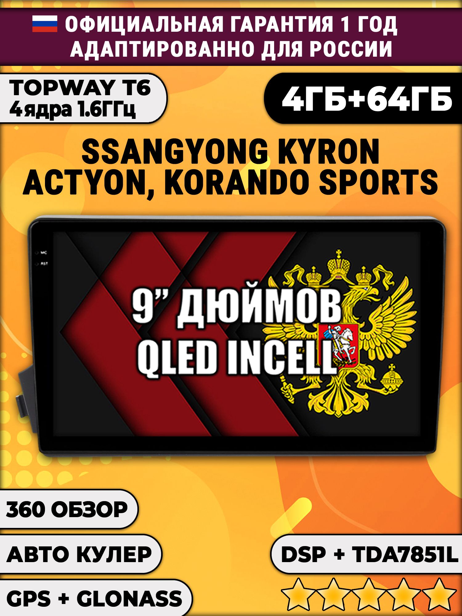4гб+64гб с DSP для SSANGYONG KYRON ACTYON, ACTYON SPORTS, KORANDO SPORTS, Android магнитола, без слота под симку, усилитель звука TDA7851 и поддержка 360 камер
