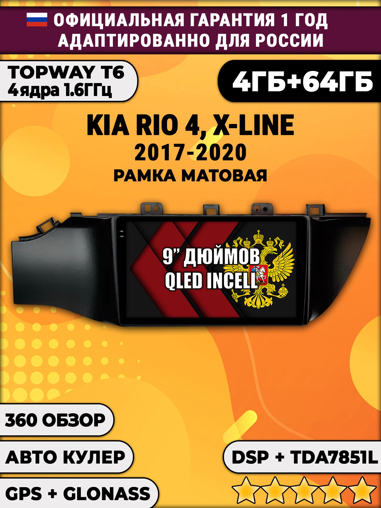 4гб+64гб с DSP для KIA RIO, X-LINE 4 (2017 - 2020) Киа Рио, рамка черная матовая, Android магнитола, без слота под симку, усилитель звука TDA7851 и поддержка 360 камер