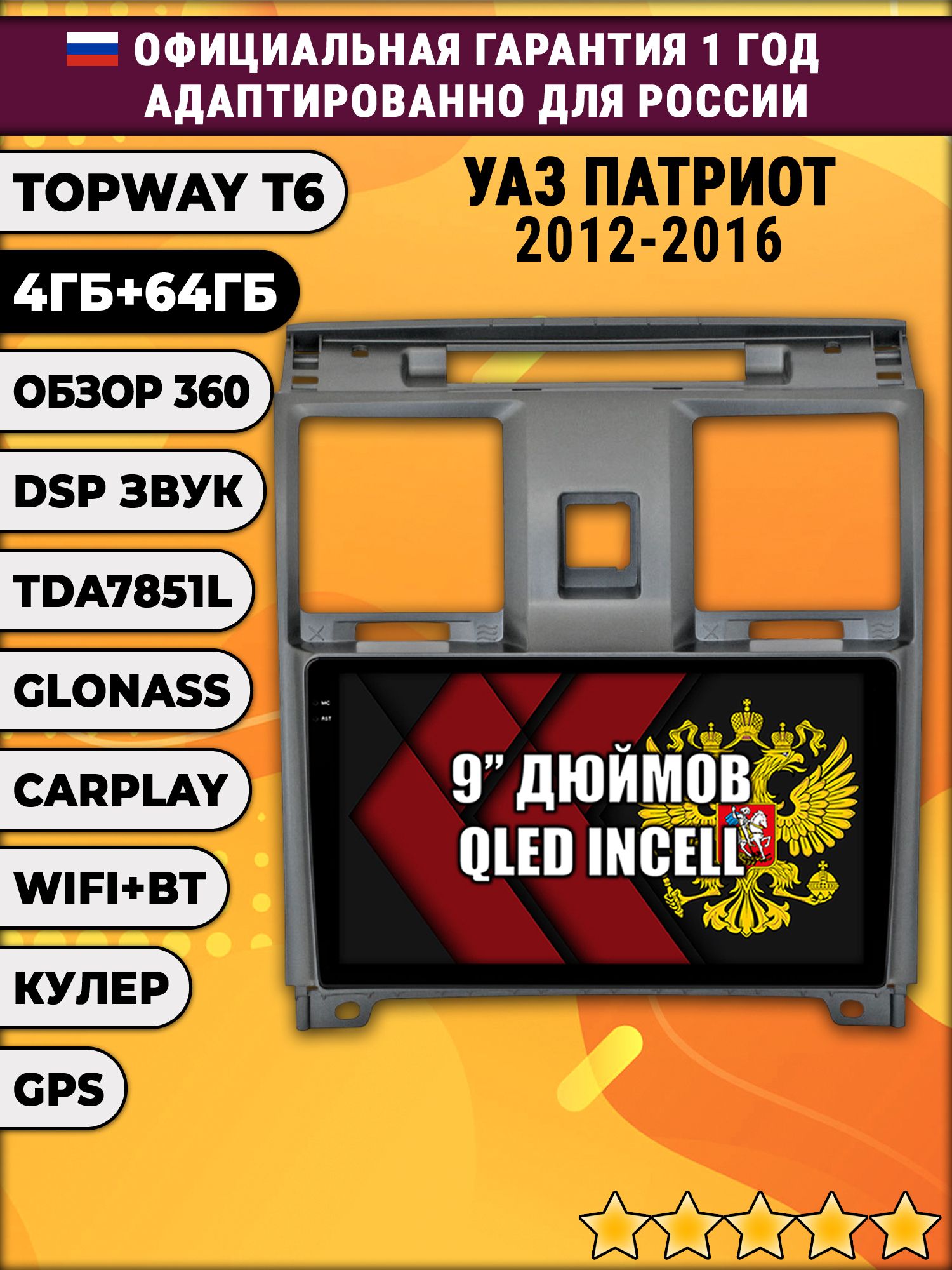 4гб+64гб с DSP для УАЗ ПАТРИОТ (2012 - 2016) Uaz Patriot, UAZ PATRIOT, Android магнитола, без слота под симку, усилитель звука TDA7851 и поддержка 360 камер