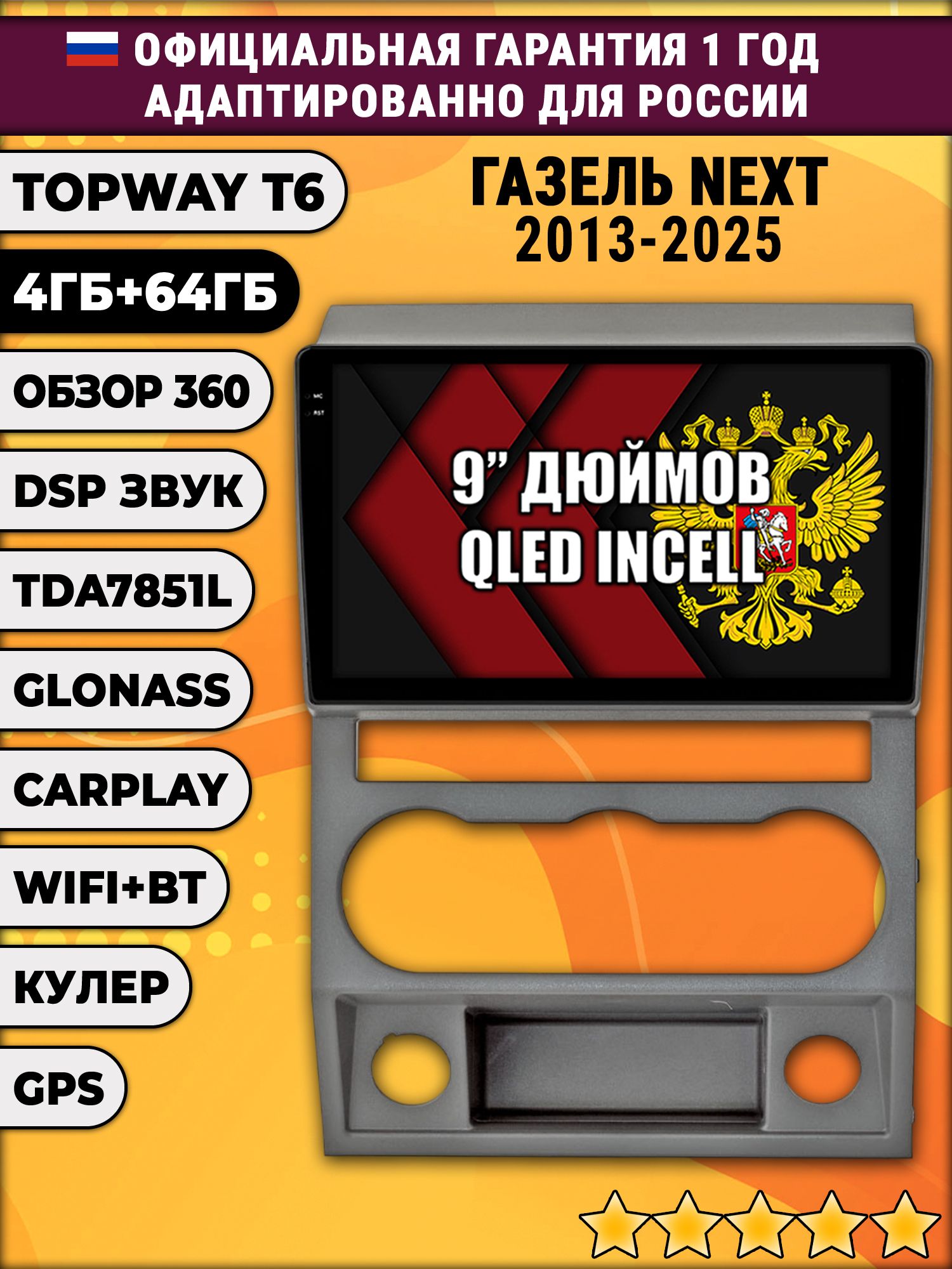 4гб+64гб с DSP для Газель Некст (Next 2013 2014 2015 2016 2017 2018 2019 2020 2021 2022 2023 2024 2025), Android магнитола, без слота под симку, усилитель звука TDA7851 и поддержка 360 камер