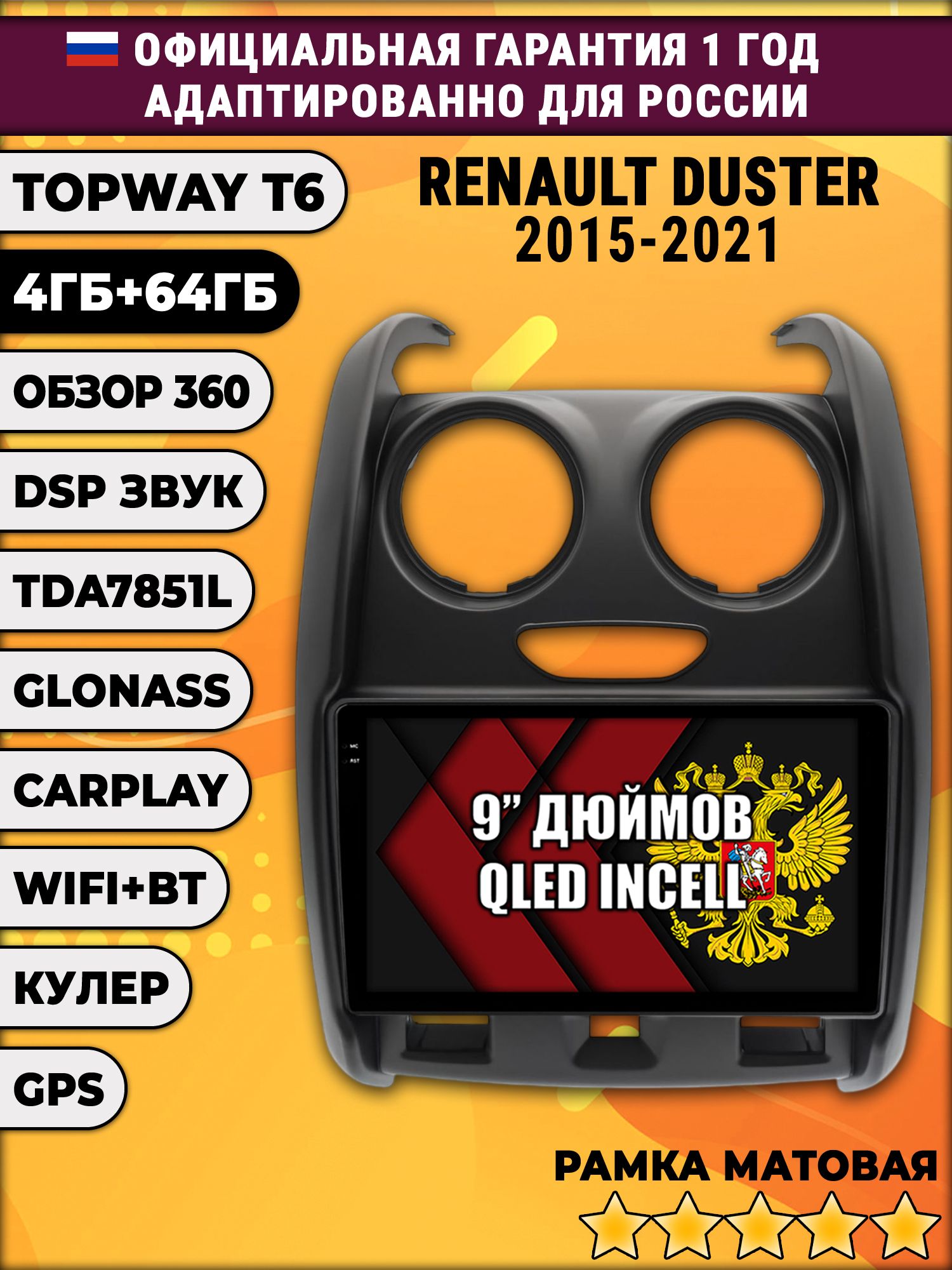 4гб+64гб с DSP для RENAULT DUSTER (2015 - 2021) Рено дастер, Android магнитола, без слота под симку, усилитель звука TDA7851 и поддержка 360 камер