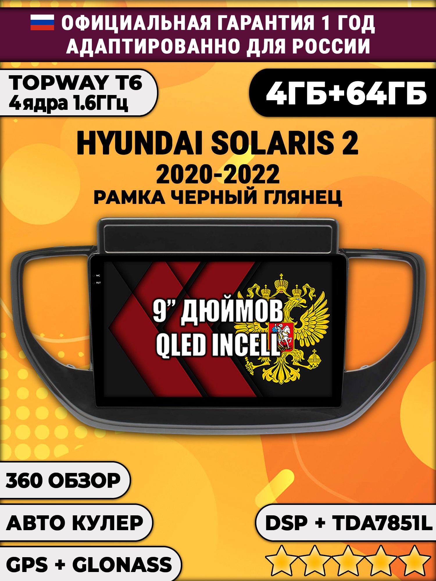4гб+64гб с DSP для HYUNDAI SOLARIS (2020 - 2022), Android магнитола, без слота под симку, усилитель звука TDA7851 и поддержка 360 камер
