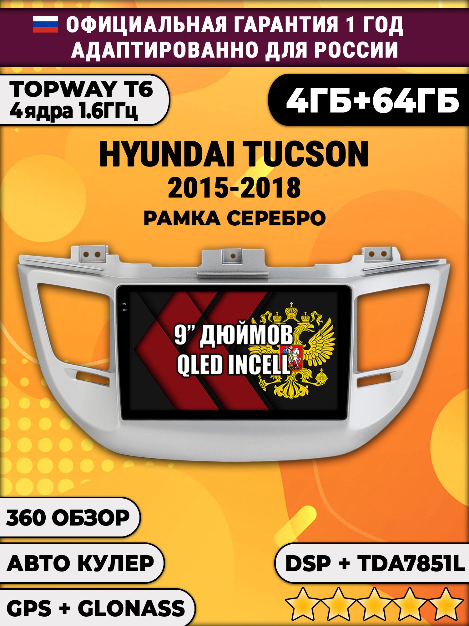 4гб+64гб с DSP для HYUNDAI TUCSON (2015 - 2018), рамка серебро, Android магнитола, без слота под симку, усилитель звука TDA7851 и поддержка 360 камер