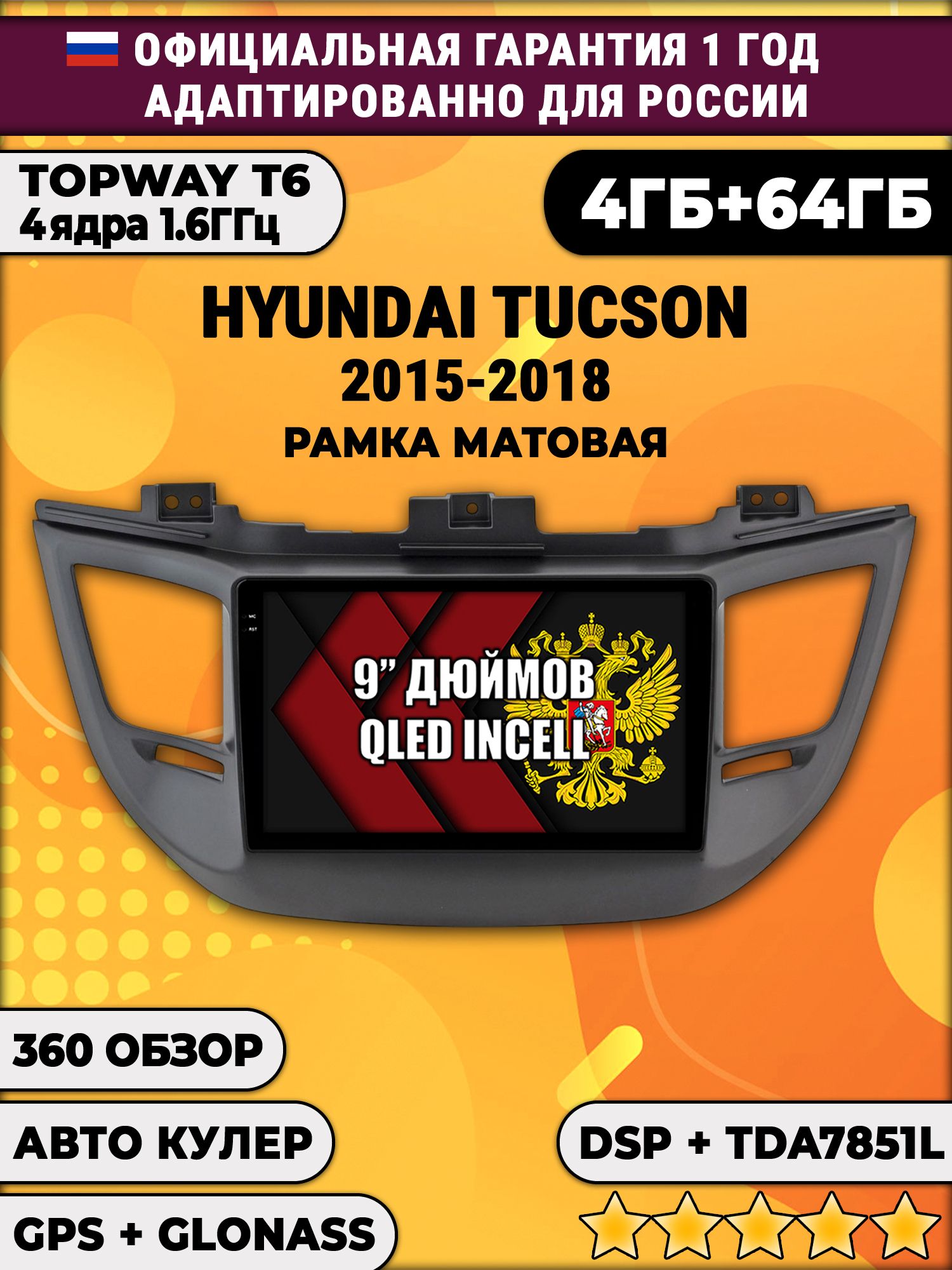 4гб+64гб с DSP для HYUNDAI TUCSON (2015 - 2018). Рамка черная матовая, Android магнитола, без слота под симку, усилитель звука TDA7851 и поддержка 360 камер