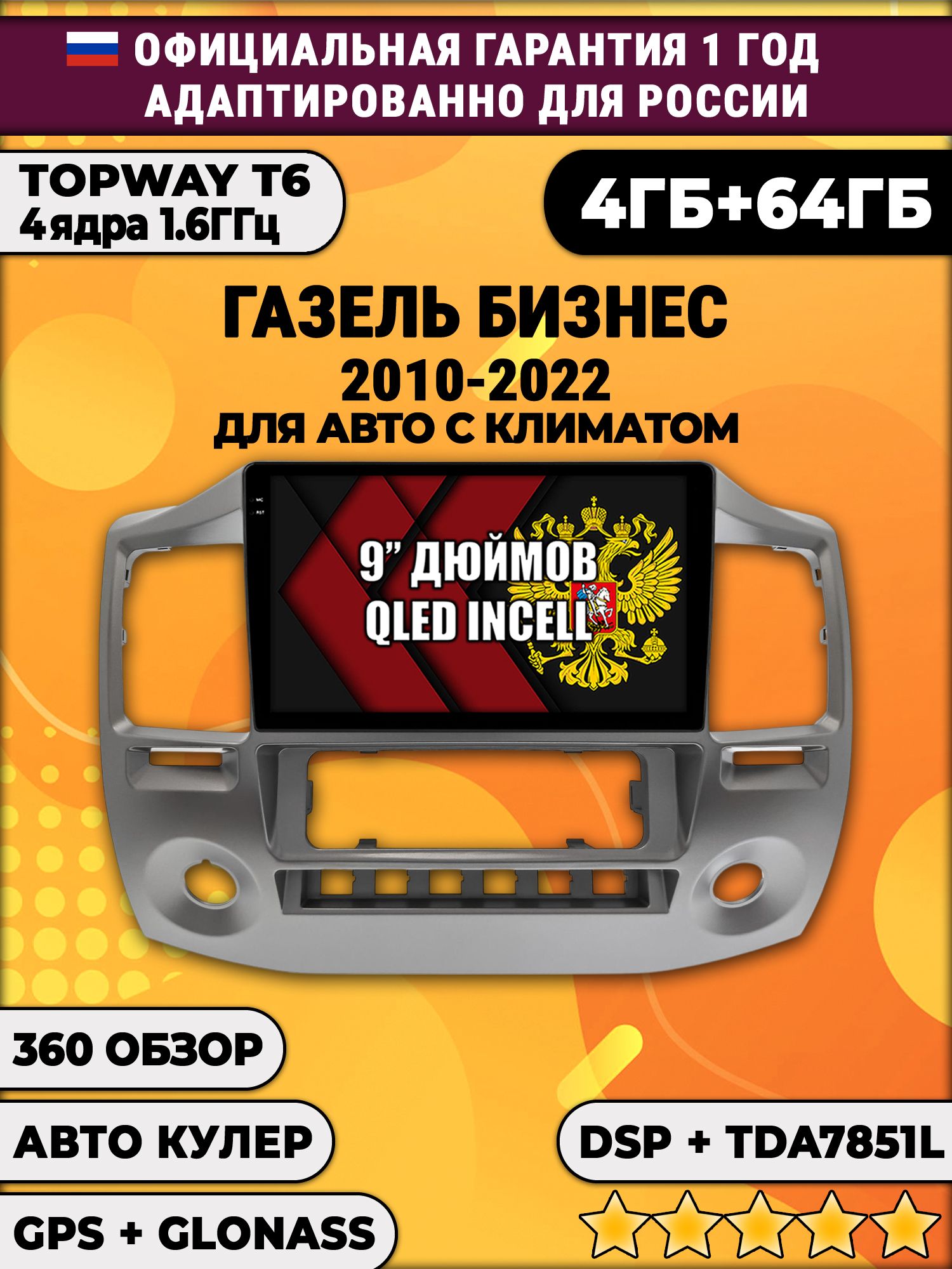 4гб+64гб с DSP для ГАЗЕЛЬ БИЗНЕС (2010 - 2022), GAZELLE, Android магнитола, без слота под симку, усилитель звука TDA7851 и поддержка 360 камер