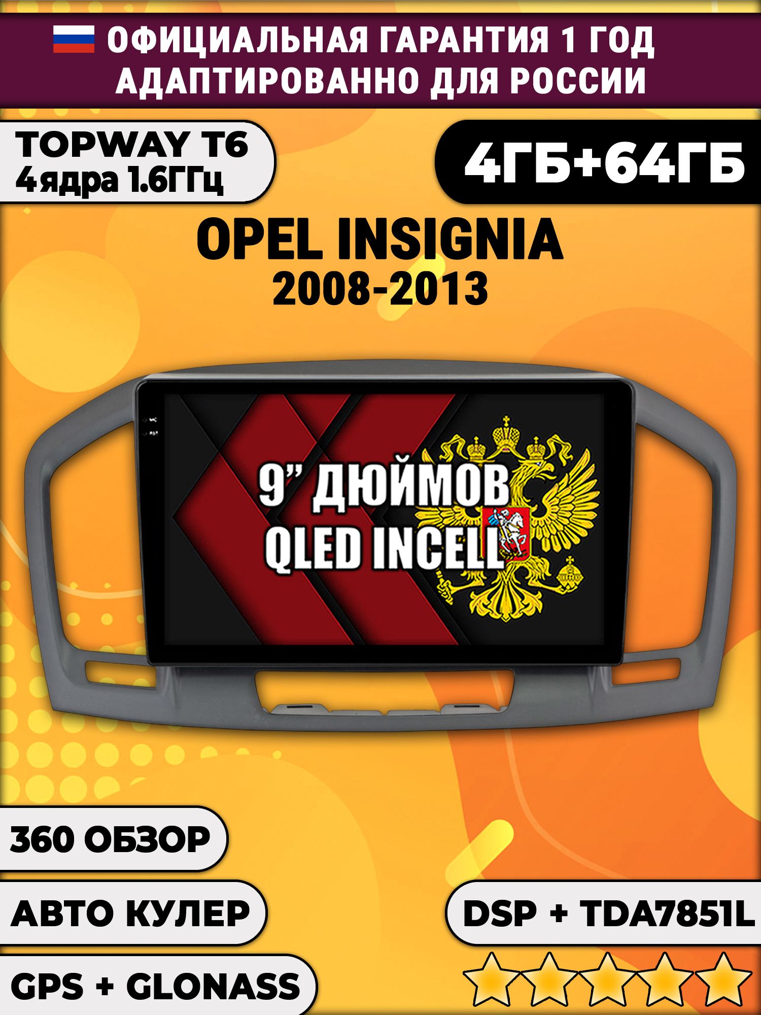 4гб+64гб с DSP для OPEL INSIGNIA (2008 - 2013), Android магнитола, без слота под симку, усилитель звука TDA7851 и поддержка 360 камер