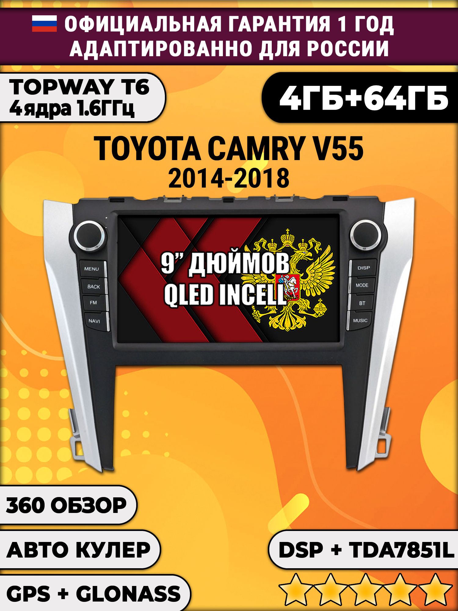 4гб+64гб с DSP для TOYOTA CAMRY V55 (2014 - 2018), Android магнитола, без слота под симку, усилитель звука TDA7851 и поддержка 360 камер