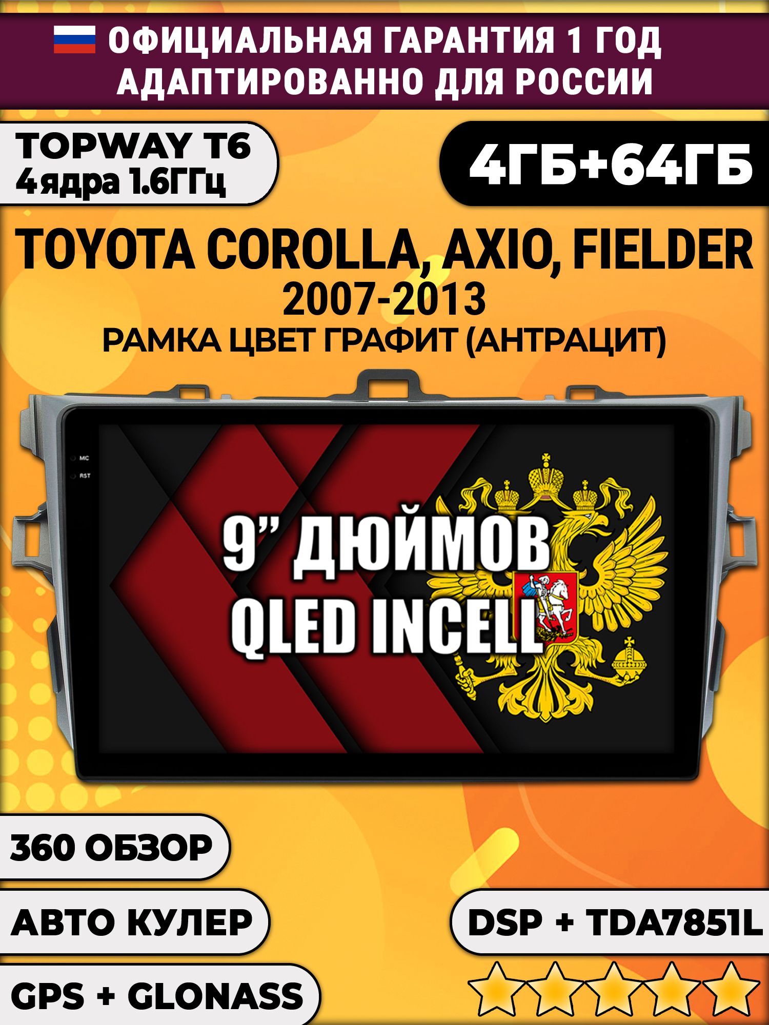 4гб+64гб с DSP для TOYOTA COROLLA (2007 - 2013), рамка серая, Android магнитола, без слота под симку, усилитель звука TDA7851 и поддержка 360 камер