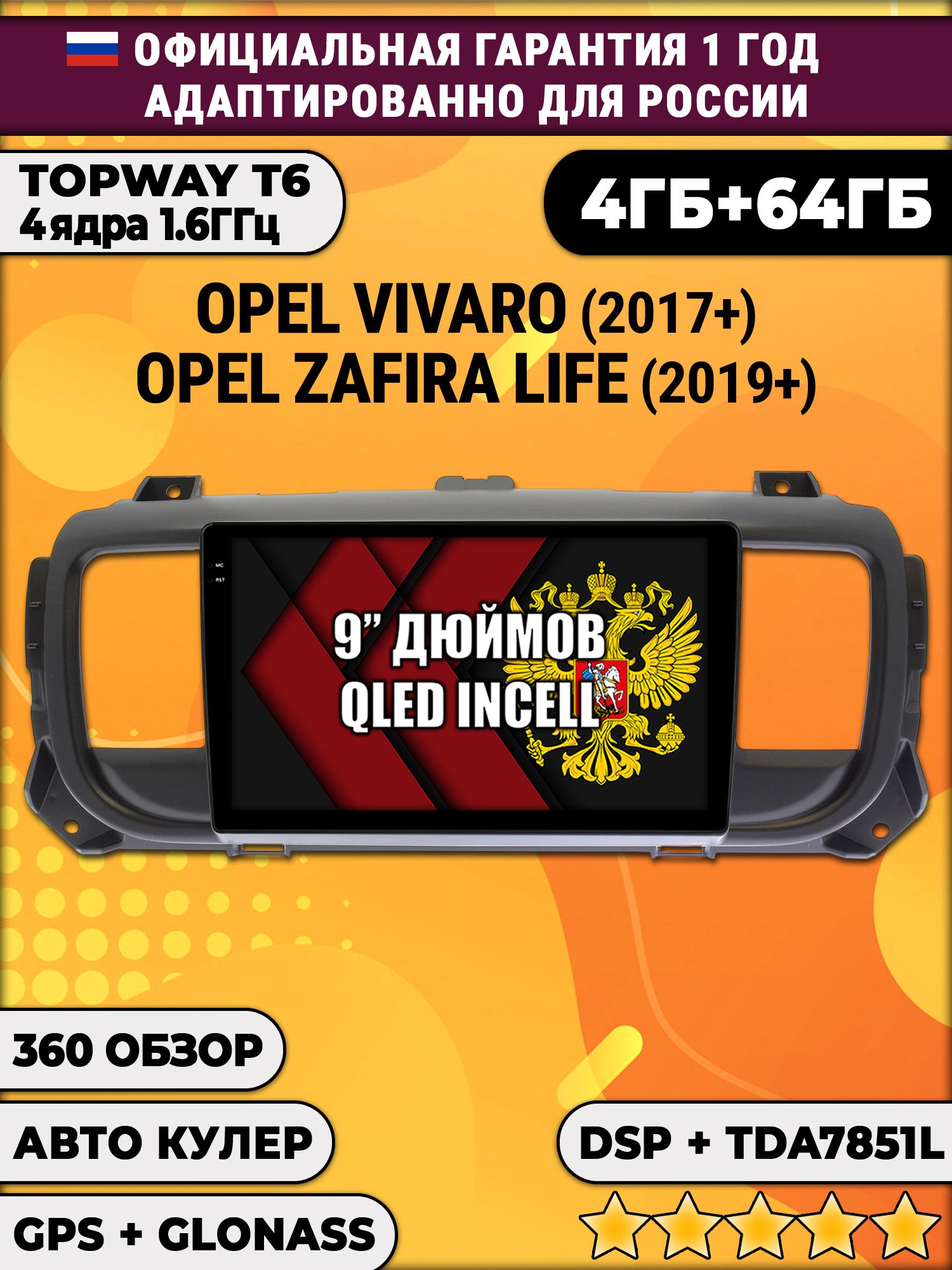 4гб+64гб с DSP для OPEL VIVARO (2017 - 2024), ZAFIRA LIFE (2019 - 2024), Android магнитола, без слота под симку, усилитель звука TDA7851 и поддержка 360 камер