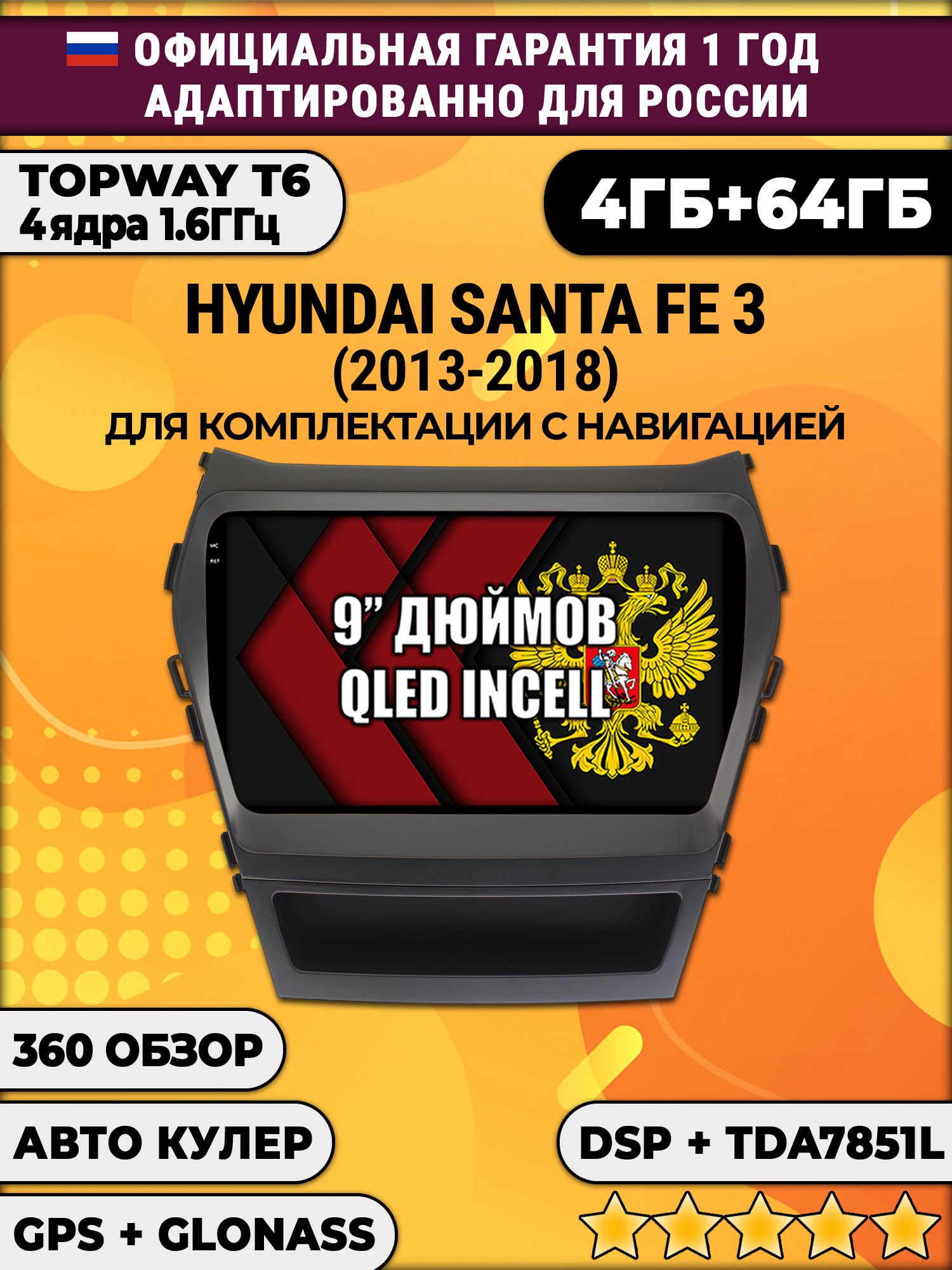 4гб+64гб с DSP для HYUNDAI SANTA FE (2012 - 2018), для максимальной комплектации с навигацией, Android магнитола, без слота под симку, усилитель звука TDA7851 и поддержка 360 камер