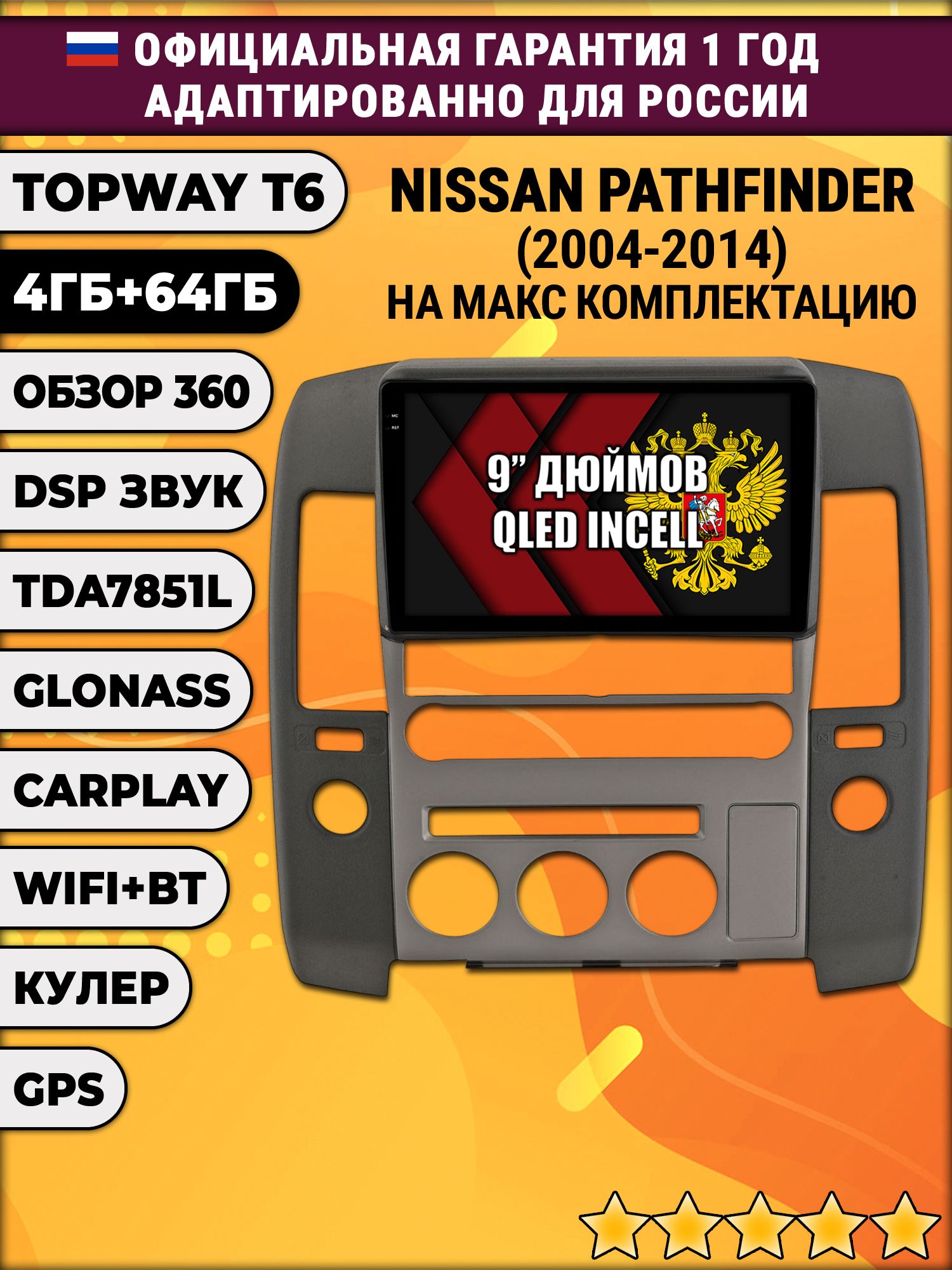 4гб+64гб с DSP для NISSAN PATHFINDER (2004 - 2014) Ниссан партфайндер, Android магнитола, без слота под симку, усилитель звука TDA7851 и поддержка 360 камер