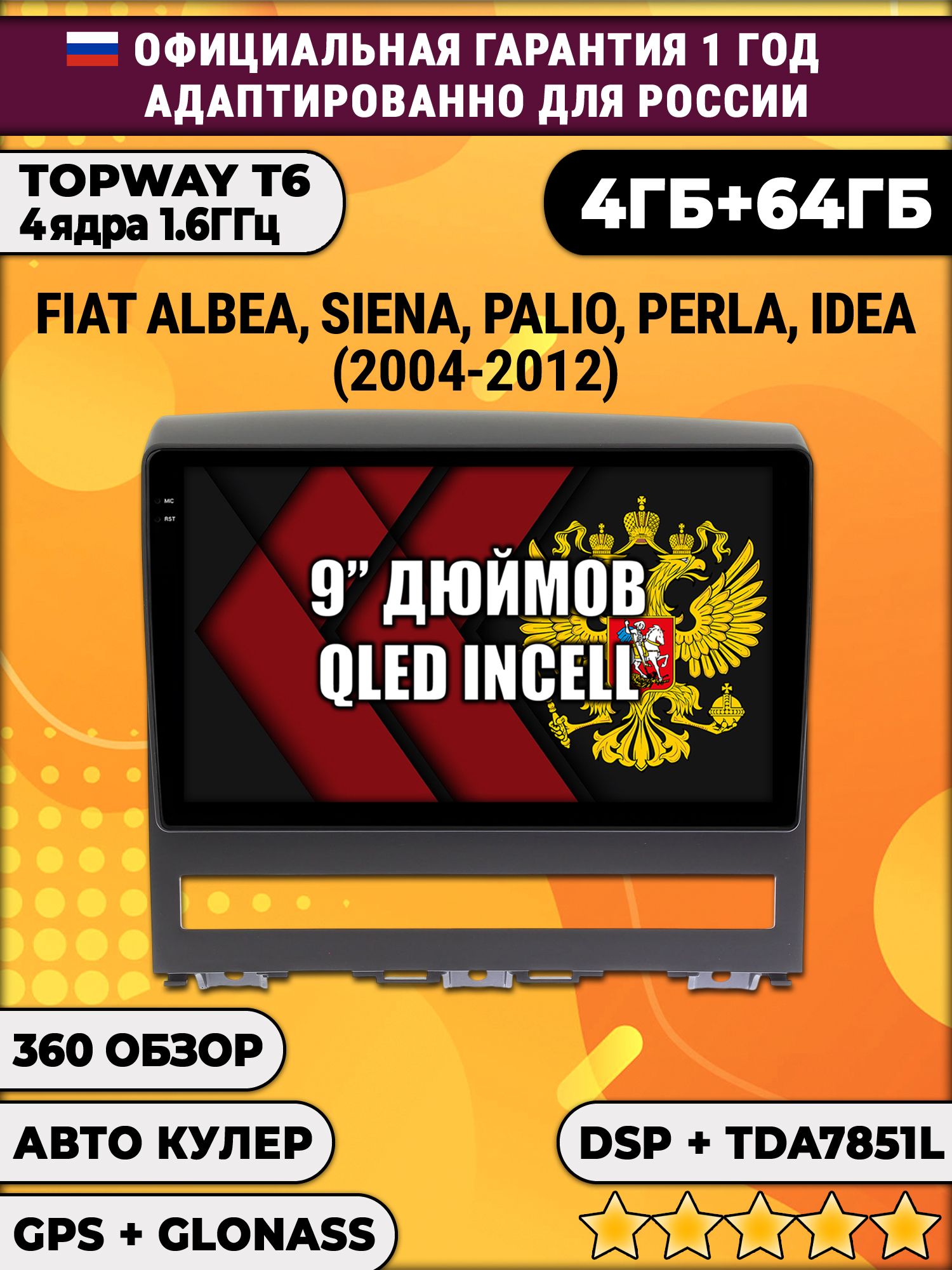 4гб+64гб с DSP для FIAT ALBEA (2004 - 2012), Android магнитола, без слота под симку, усилитель звука TDA7851 и поддержка 360 камер