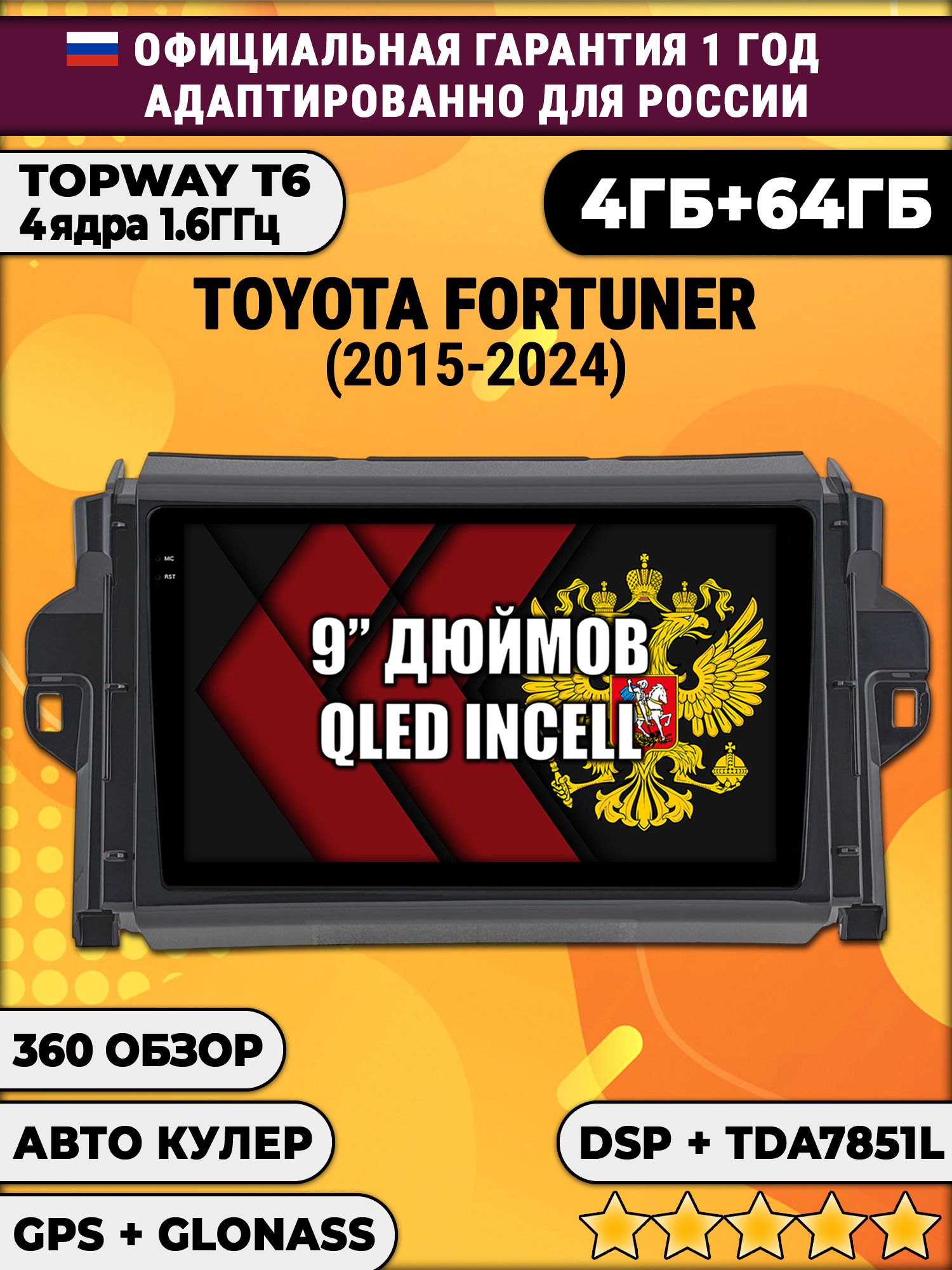 4гб+64гб с DSP для TOYOTA FORTUNER (2015 - 2024), Android магнитола, без слота под симку, усилитель звука TDA7851 и поддержка 360 камер
