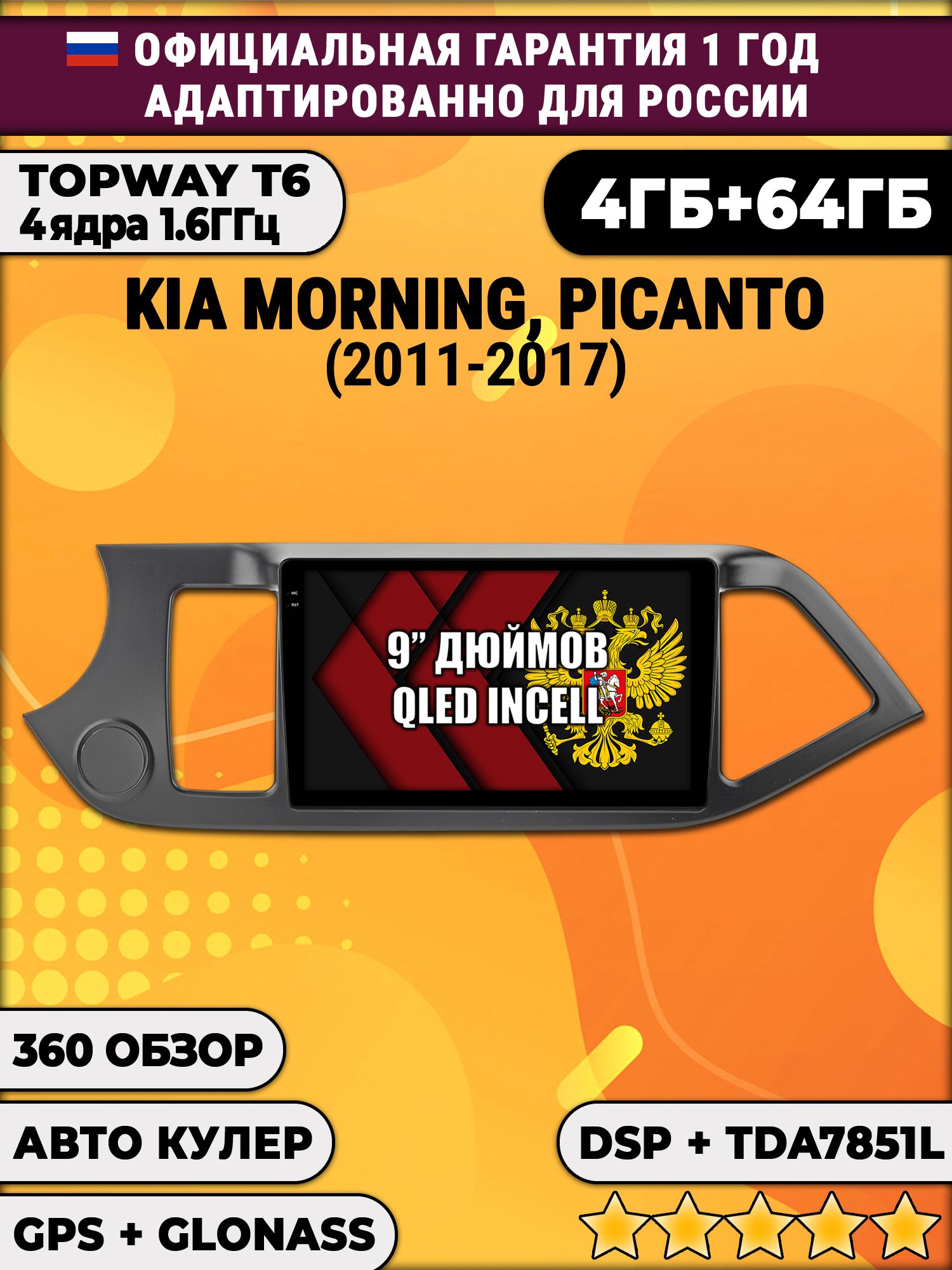 4гб+64гб с DSP для KIA MORNING (2011 - 2017), PICANTO (2011 - 2017), Android магнитола, без слота под симку, усилитель звука TDA7851 и поддержка 360 камер