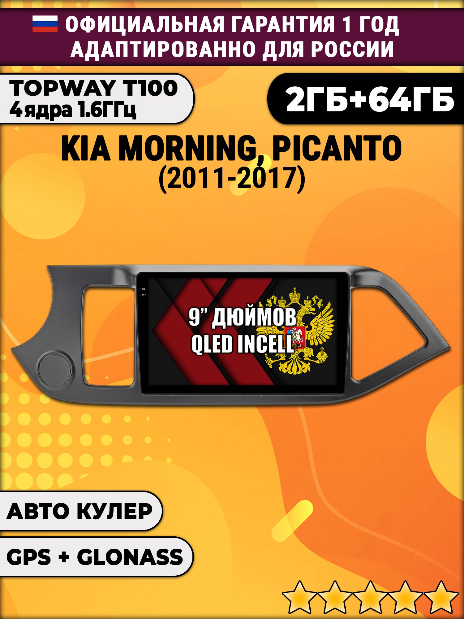 2гб+64гб для KIA MORNING (2011 - 2017), PICANTO (2011 - 2017), Android магнитола с QLED INCELL экраном