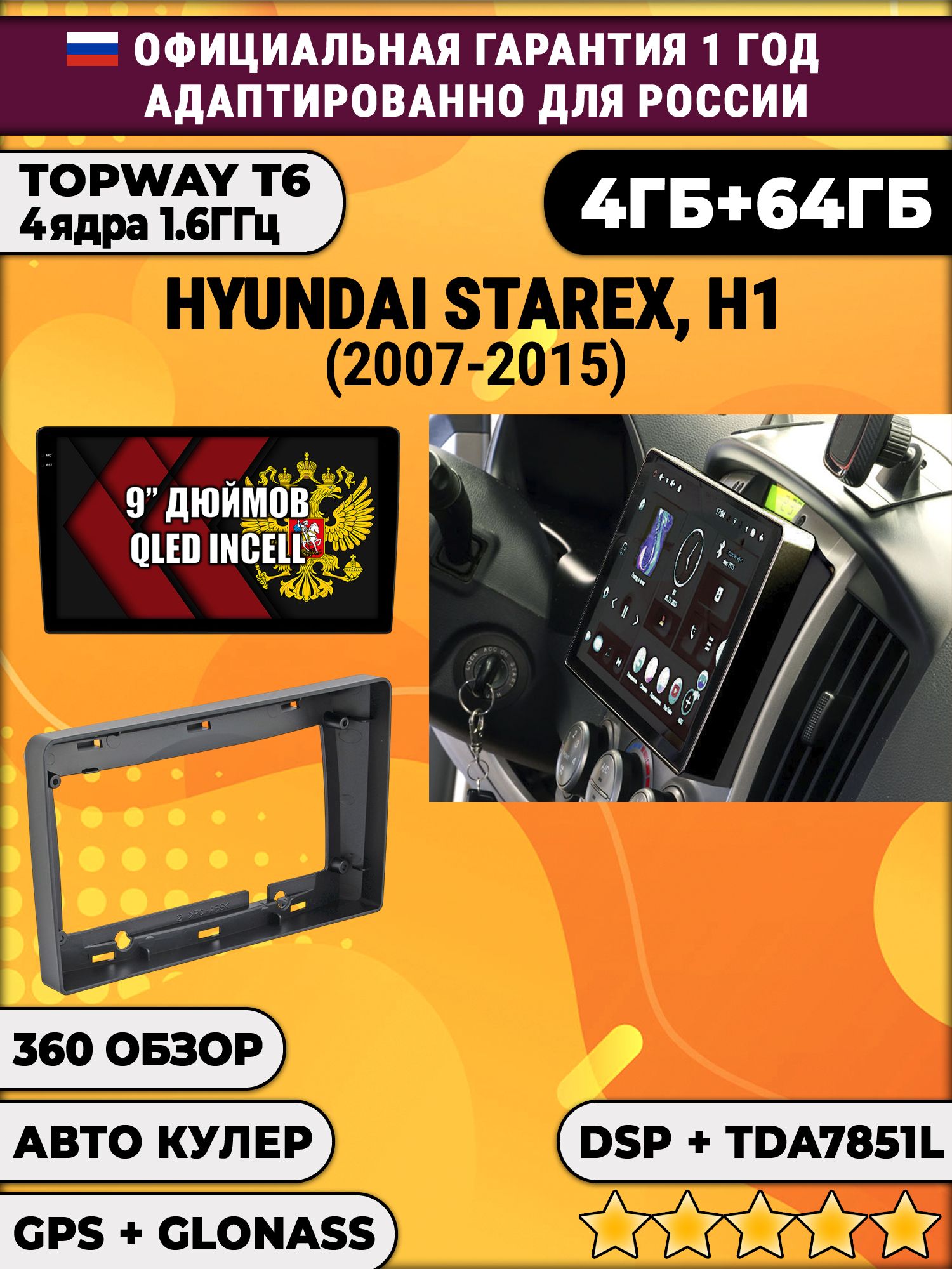 4гб+64гб с DSP для HYUNDAI H1, H-1, STAREX (2007 - 2015), Android магнитола, без слота под симку, усилитель звука TDA7851 и поддержка 360 камер