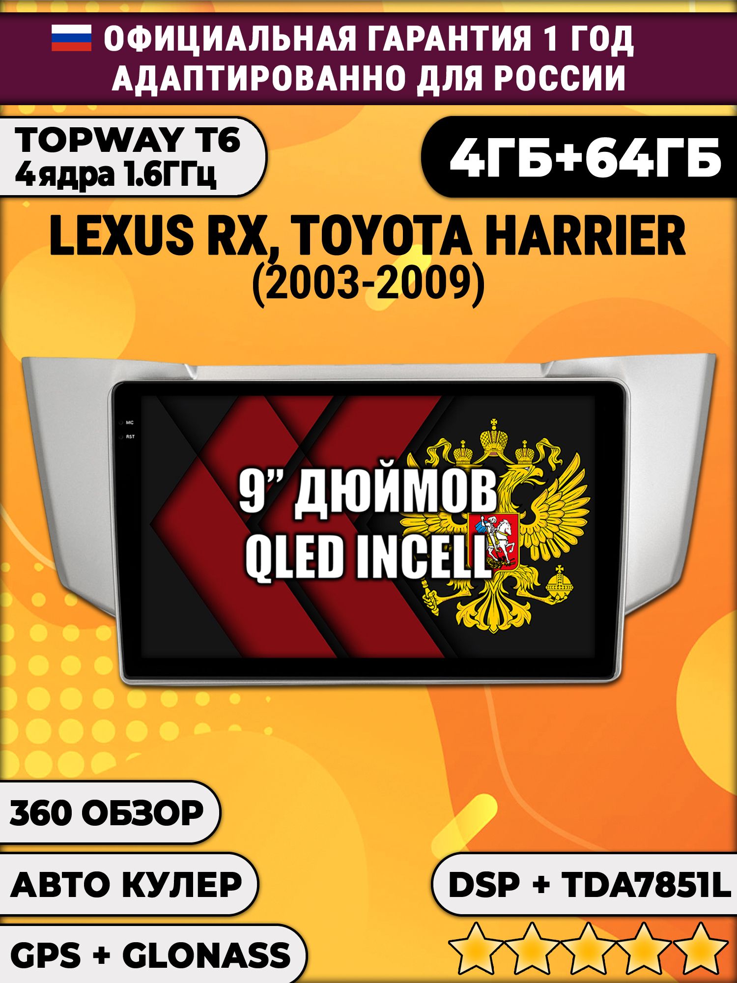 4гб+64гб с DSP для LEXUS RX300, RX330, RX350 (2003 - 2009), Android магнитола, без слота под симку, усилитель звука TDA7851 и поддержка 360 камер
