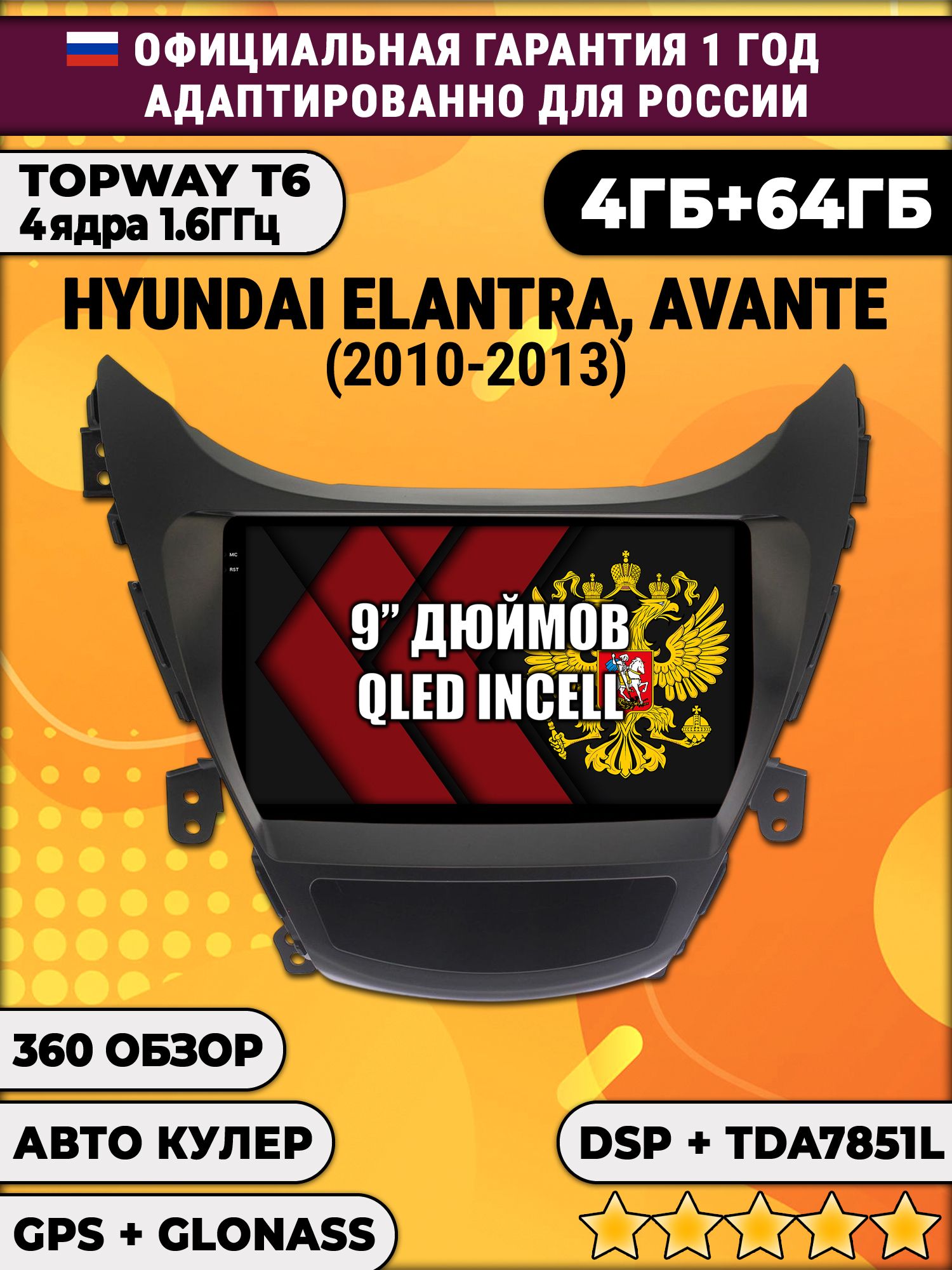 4гб+64гб с DSP для HYUNDAI ELANTRA, AVANTE (2010 - 2013), Android магнитола, без слота под симку, усилитель звука TDA7851 и поддержка 360 камер