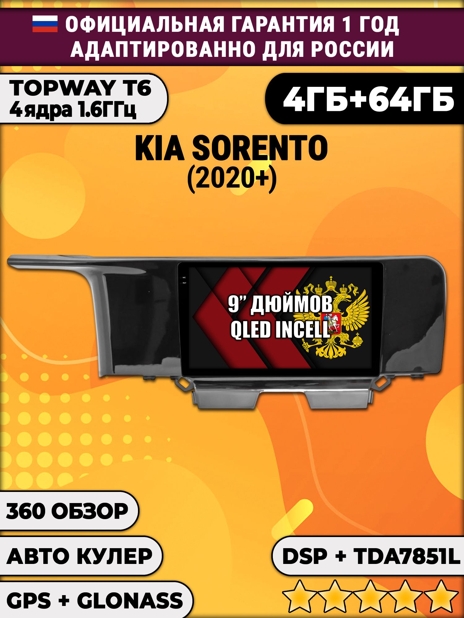 4гб+64гб с DSP для KIA SORENTO (2020+) Киа Соренто, Android магнитола, без слота под симку, усилитель звука TDA7851
