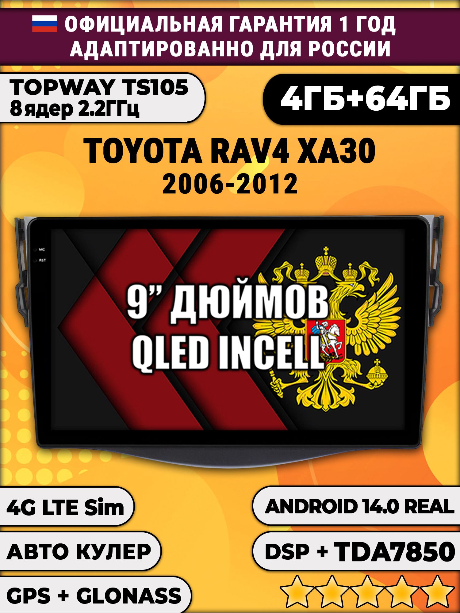TS105 8 ядер, 4гб+64гб для TOYOTA RAV4 XA30 (2006 - 2012) RAV 4, Android магнитола