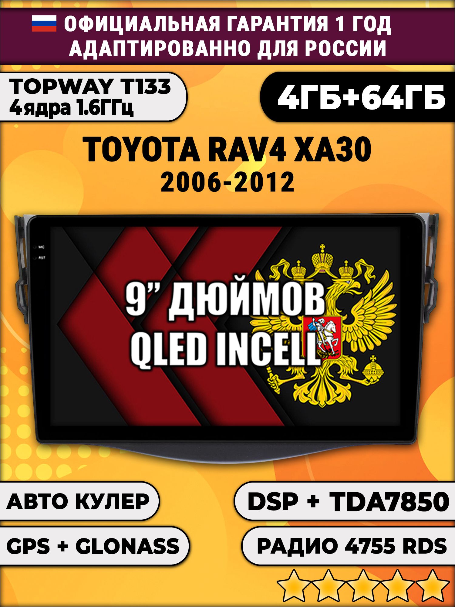 4гб+64гб с DSP для TOYOTA RAV4 XA30 (2006 - 2012) RAV 4, Android магнитола, без слота под симку, усилитель звука настоящий TDA7850