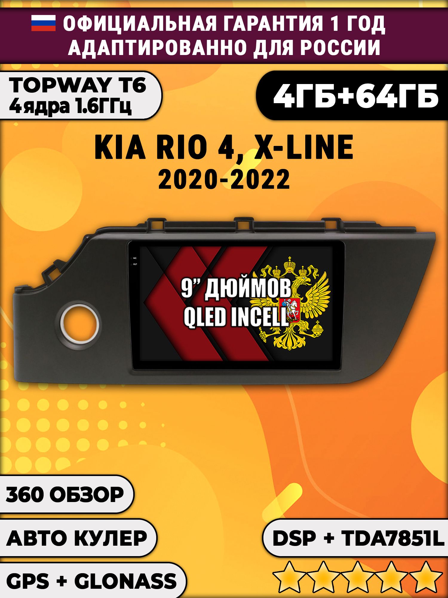 4гб+64гб с DSP для KIA RIO 4, X-LINE (2020-2022), рамка черная матовая, Android магнитола, без слота под симку, усилитель звука TDA7851 и поддержка 360 камер