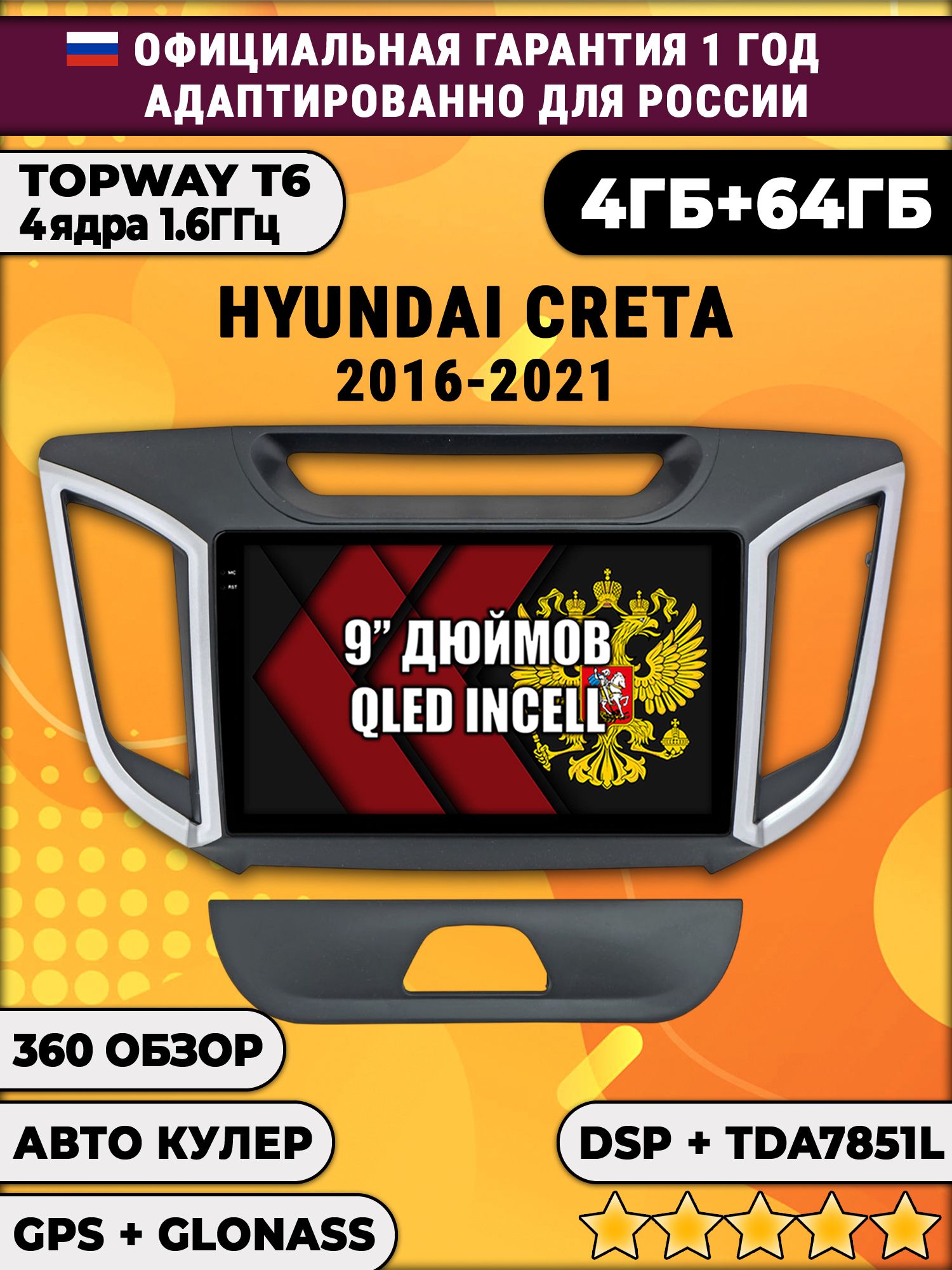4гб+64гб с DSP для HYUNDAI CRETA (2016 2017 2018 2019 2020 2021) Крета, Android магнитола, без слота под симку, усилитель звука TDA7851 и поддержка 360 камер