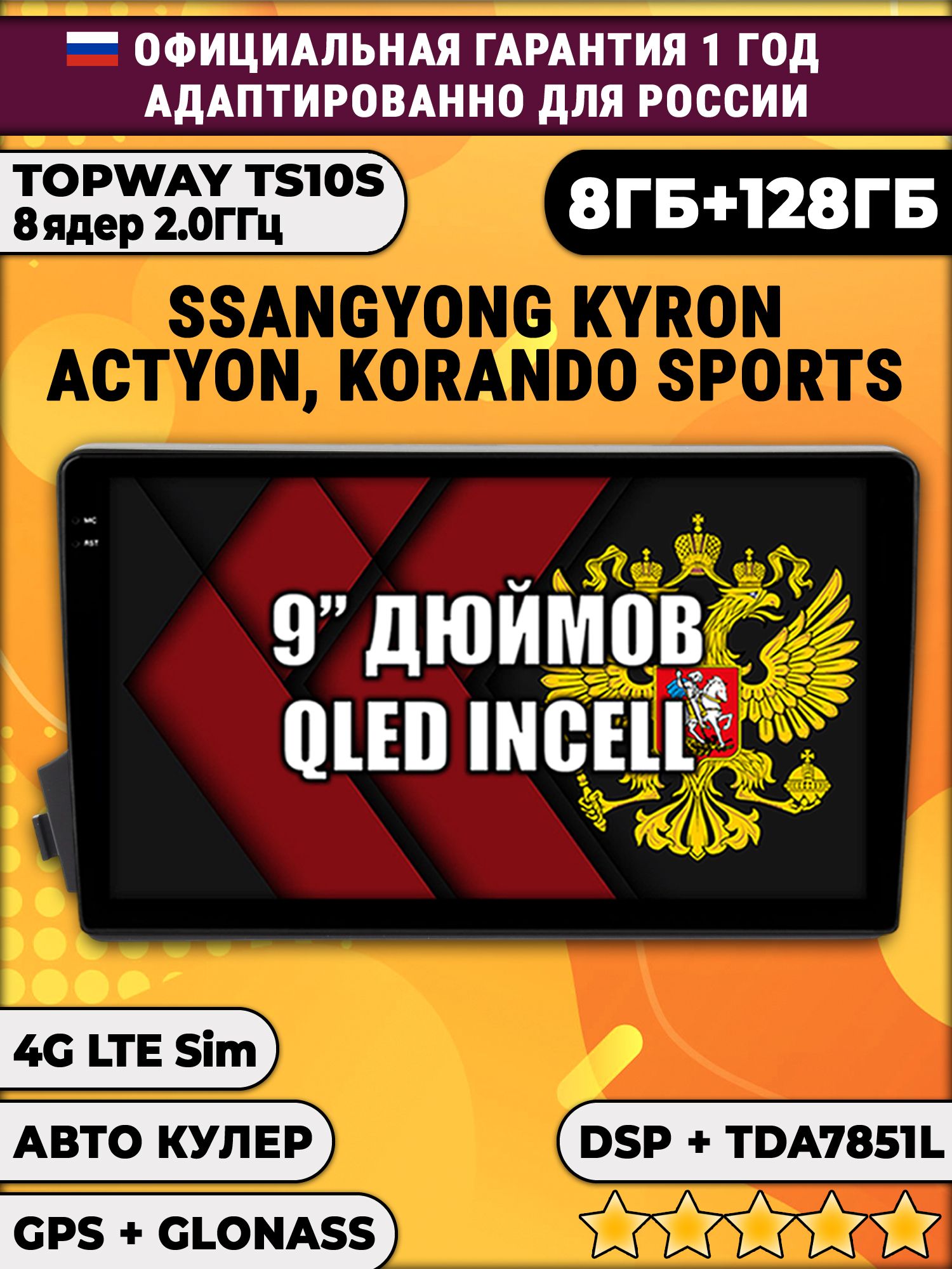 8 ядер TS105, память 8/128гб для SSANGYONG KYRON, ACTYON, KORANDO SPORTS, Android магнитола