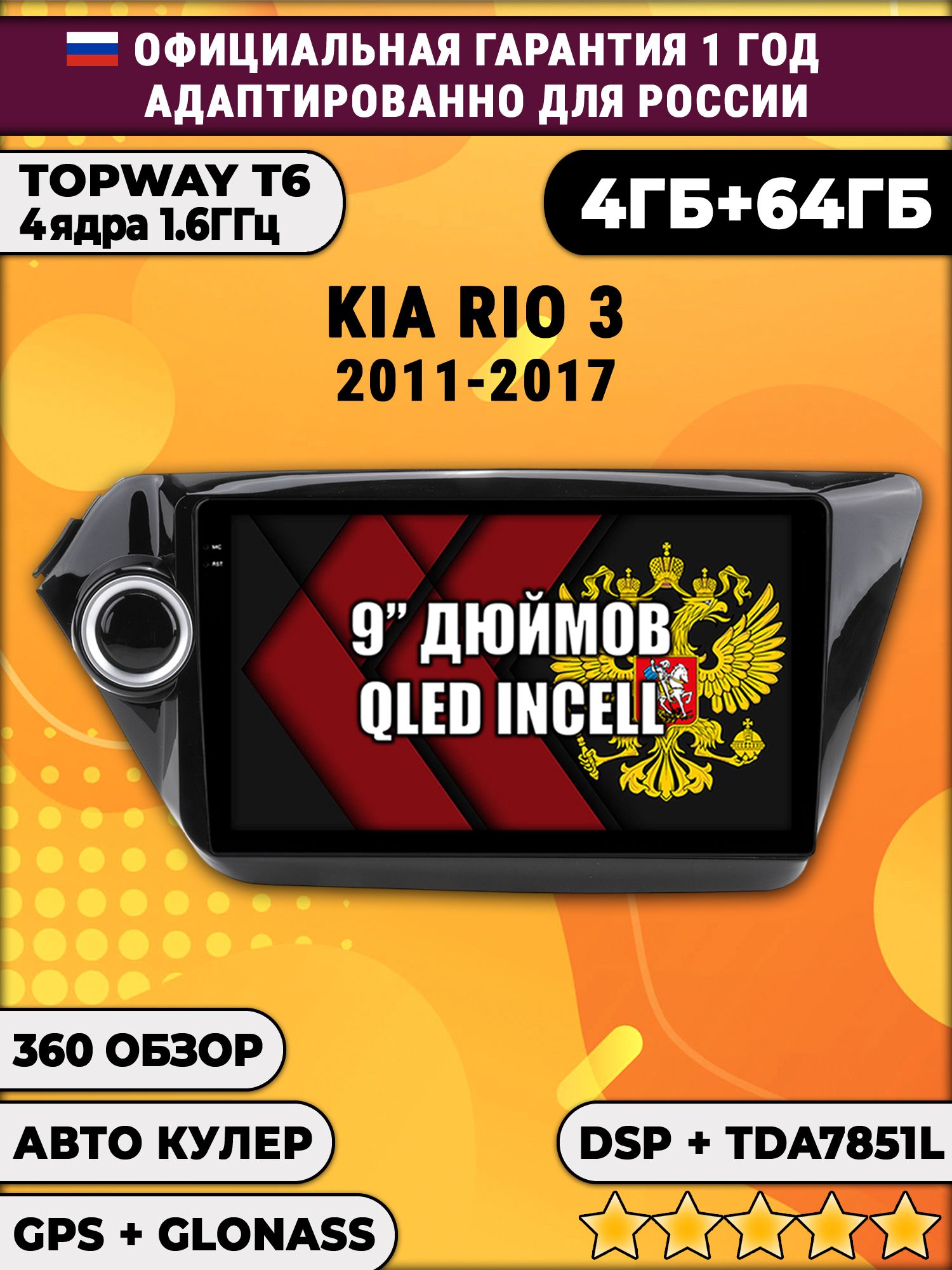 4гб+64гб с DSP для KIA RIO 3 (2011 2012 2013 2014 2015 2016 2017) Киа Рио, Android магнитола, без слота под симку, усилитель звука TDA7851 и поддержка 360 камер
