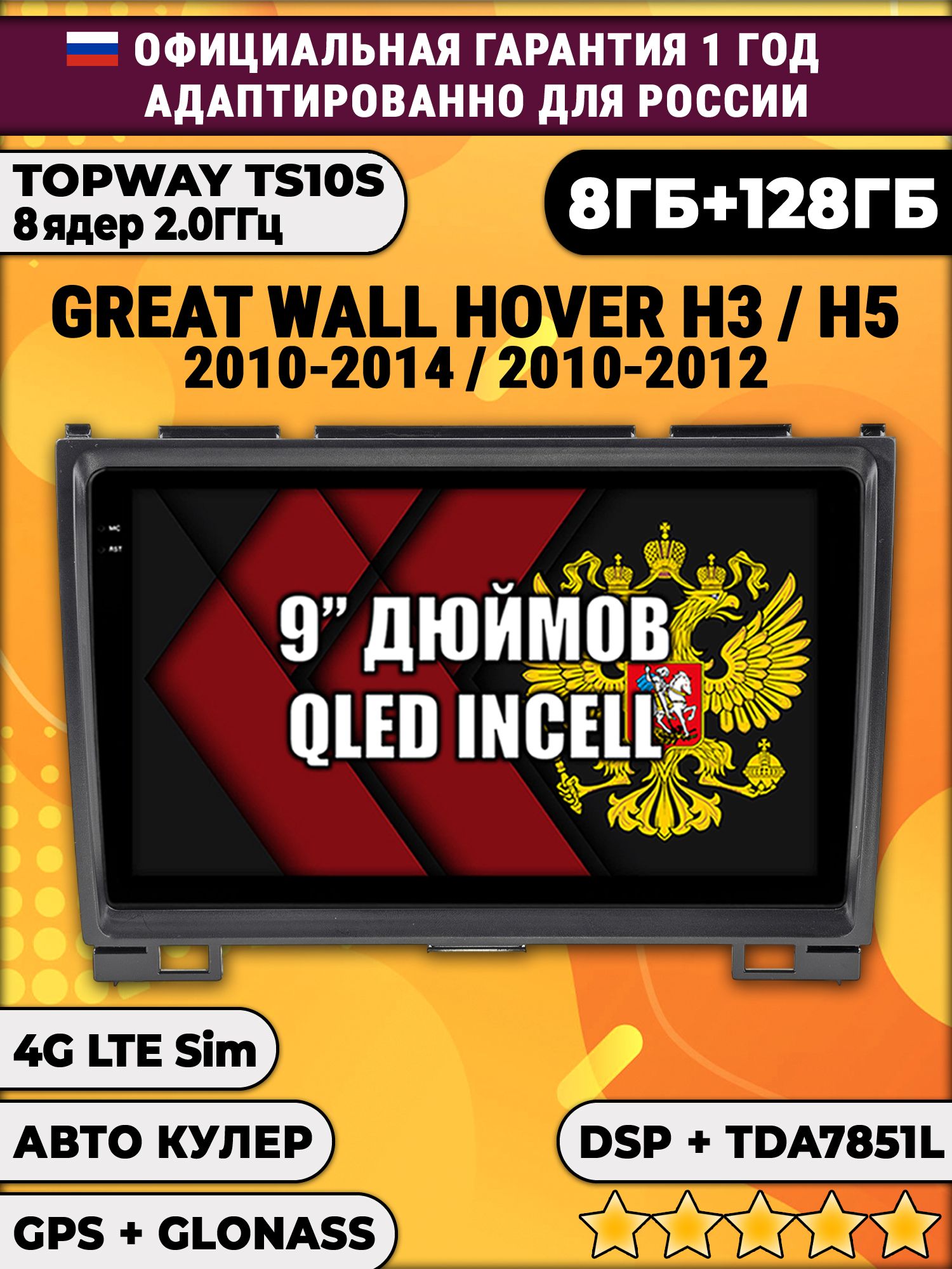 8 ядер TS105, память 8/128гб для GREAT WALL HOVER H3 (2010 2011 2012 2013 2014), H5 (2010-2012) Ховер, Android магнитола