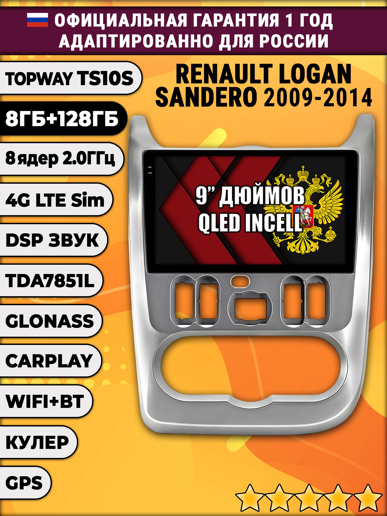 8 ядер TS105, память 8/128гб для RENAULT LOGAN (2009-2014) SANDERO (2009-2014) - серебристая рамка, Android магнитола