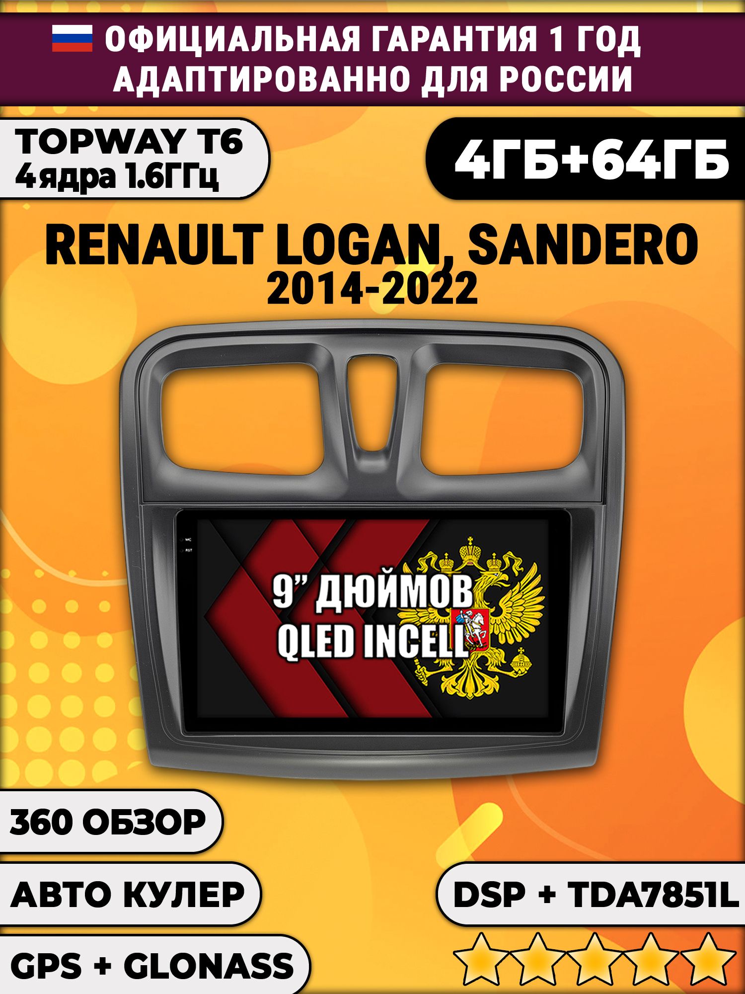 4гб+64гб с DSP для RENAULT LOGAN, SANDERO (2014 2015 2016 2017 2018 2019 2020 2021 2022), Android магнитола, без слота под симку, усилитель звука TDA7851