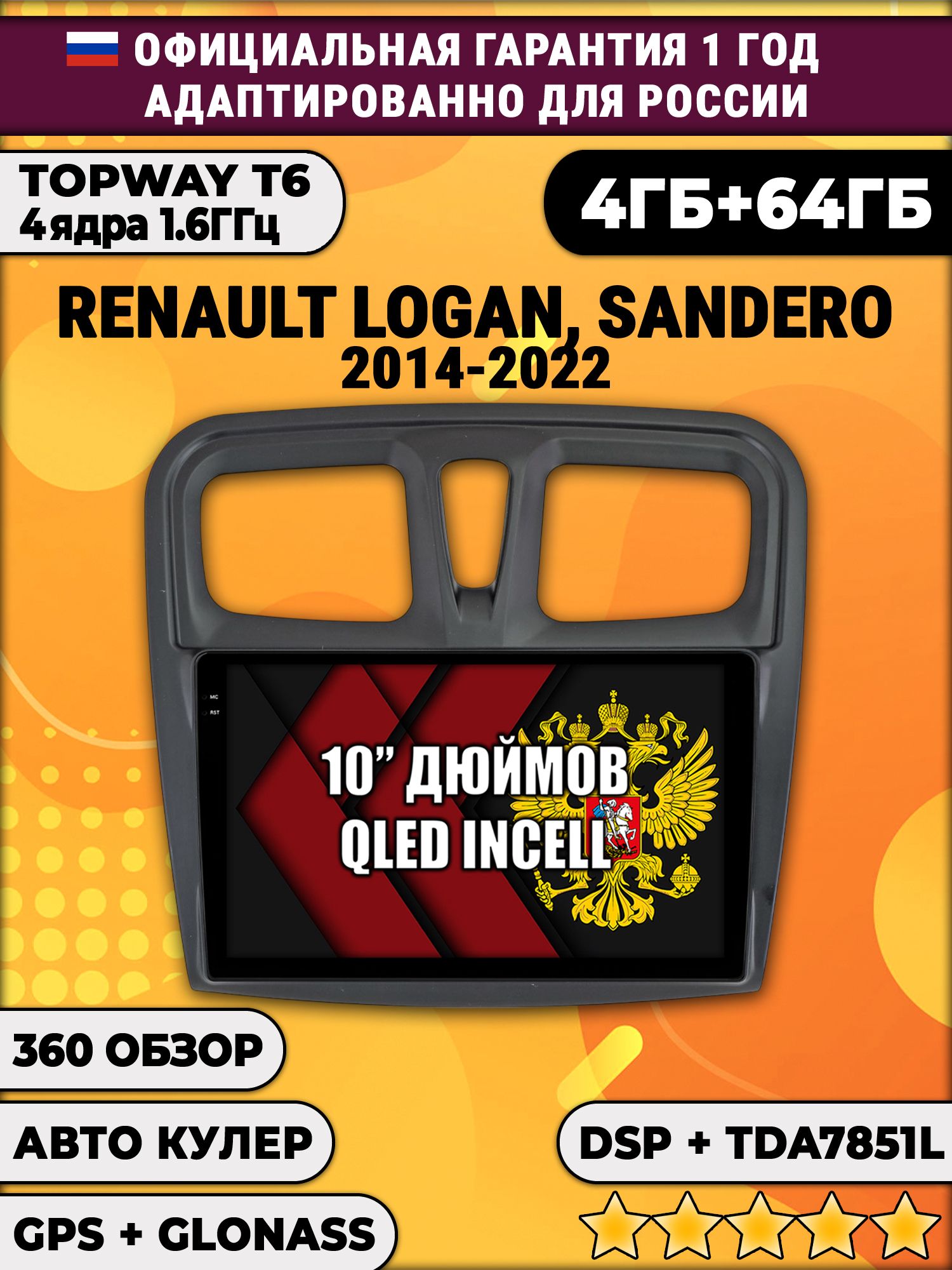 4гб+64гб, DSP, 360, для RENAULT LOGAN, SANDERO (2014 2015 2016 2017 2018 2019 2020 2021 2022), Android магнитола с усилителем TDA7851 без слота сим