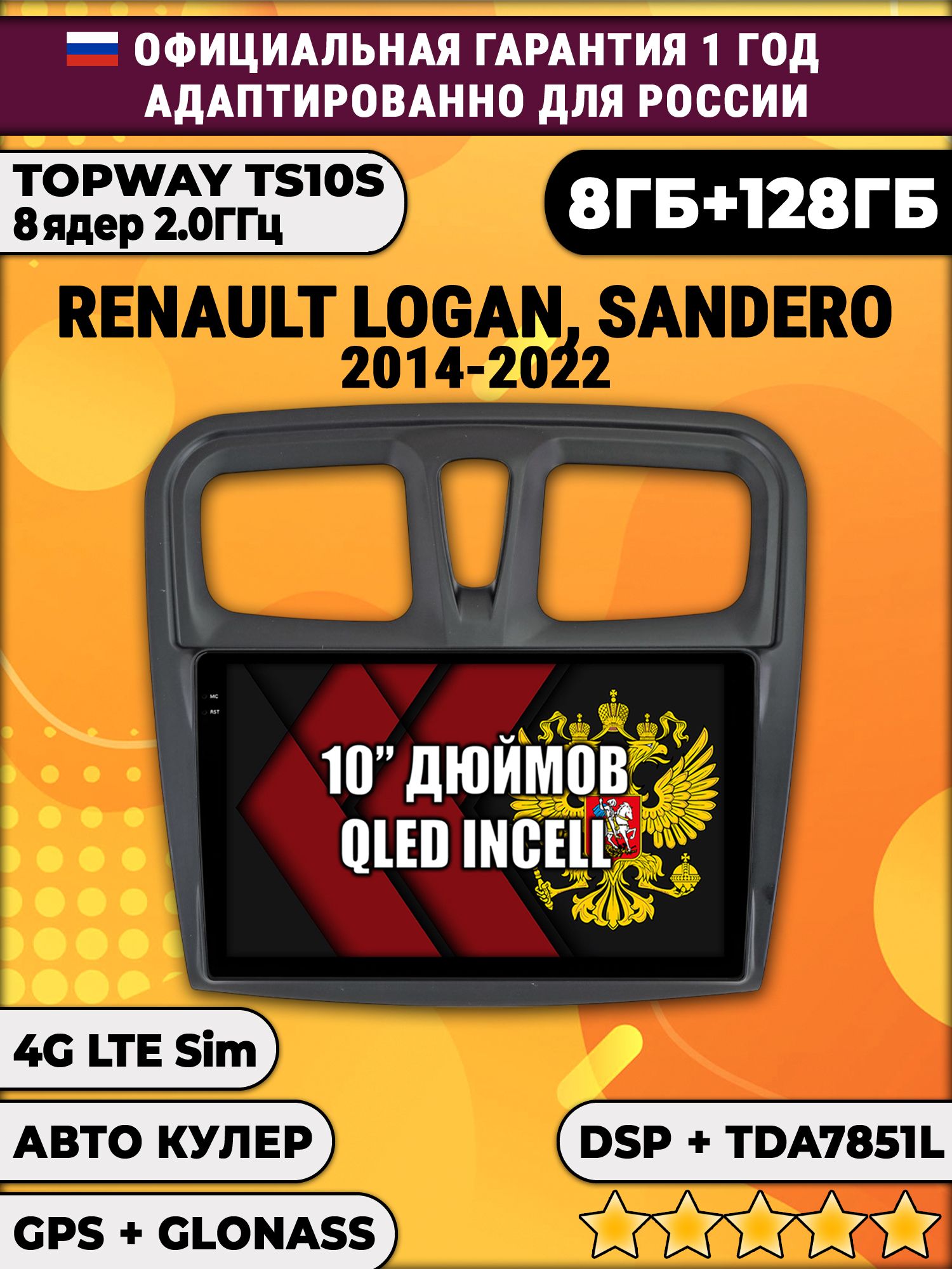8 ядер TS105, 8/128гб для RENAULT LOGAN, SANDERO (2014 2015 2016 2017 2018 2019 2020 2021 2022), Android магнитола