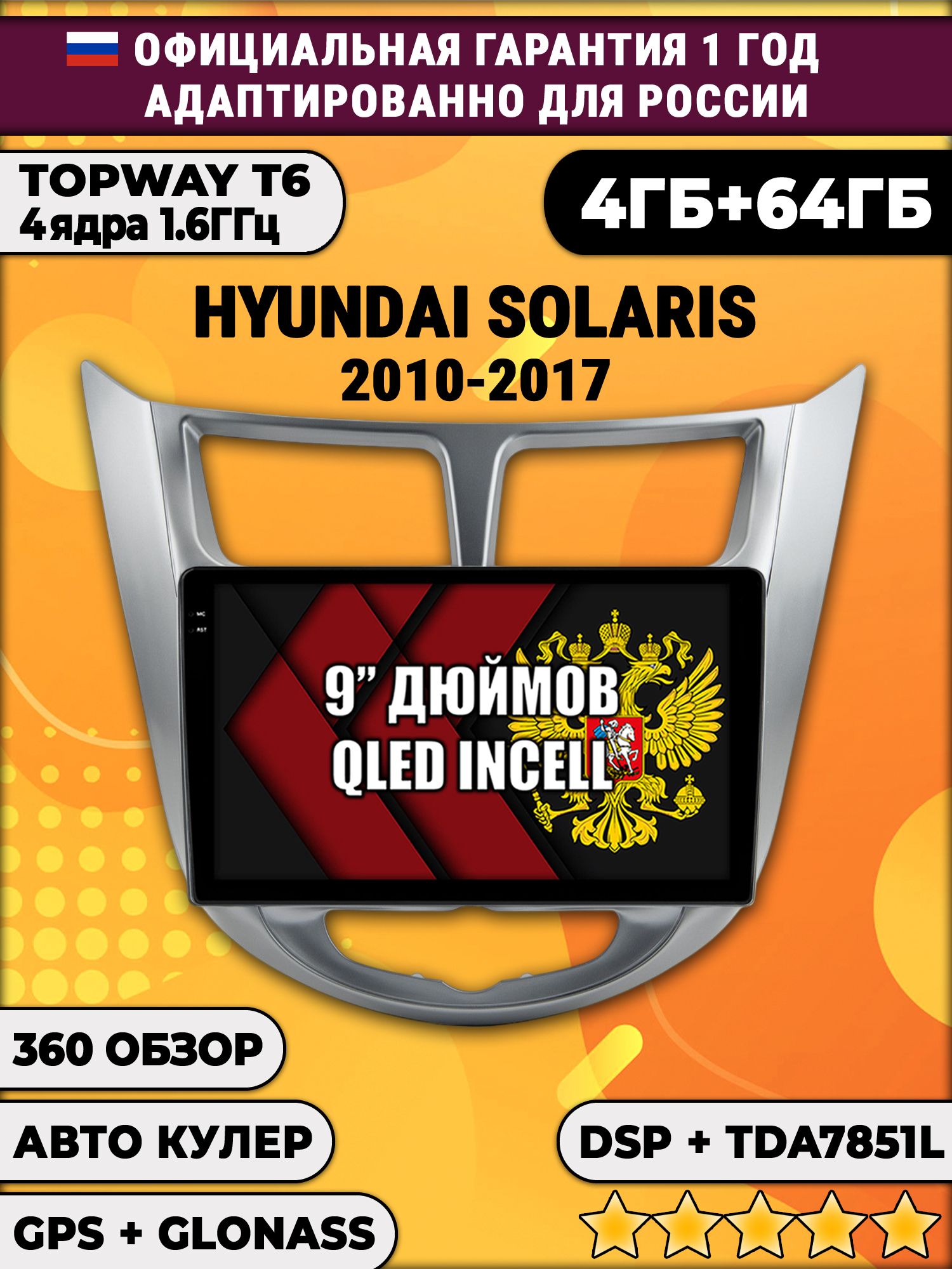 4гб+64гб с DSP для HYUNDAI SOLARIS (2010 2011 2012 2013 2014 2015 2016 2017) Соларис, Android магнитола, без слота под симку, усилитель звука TDA7851
