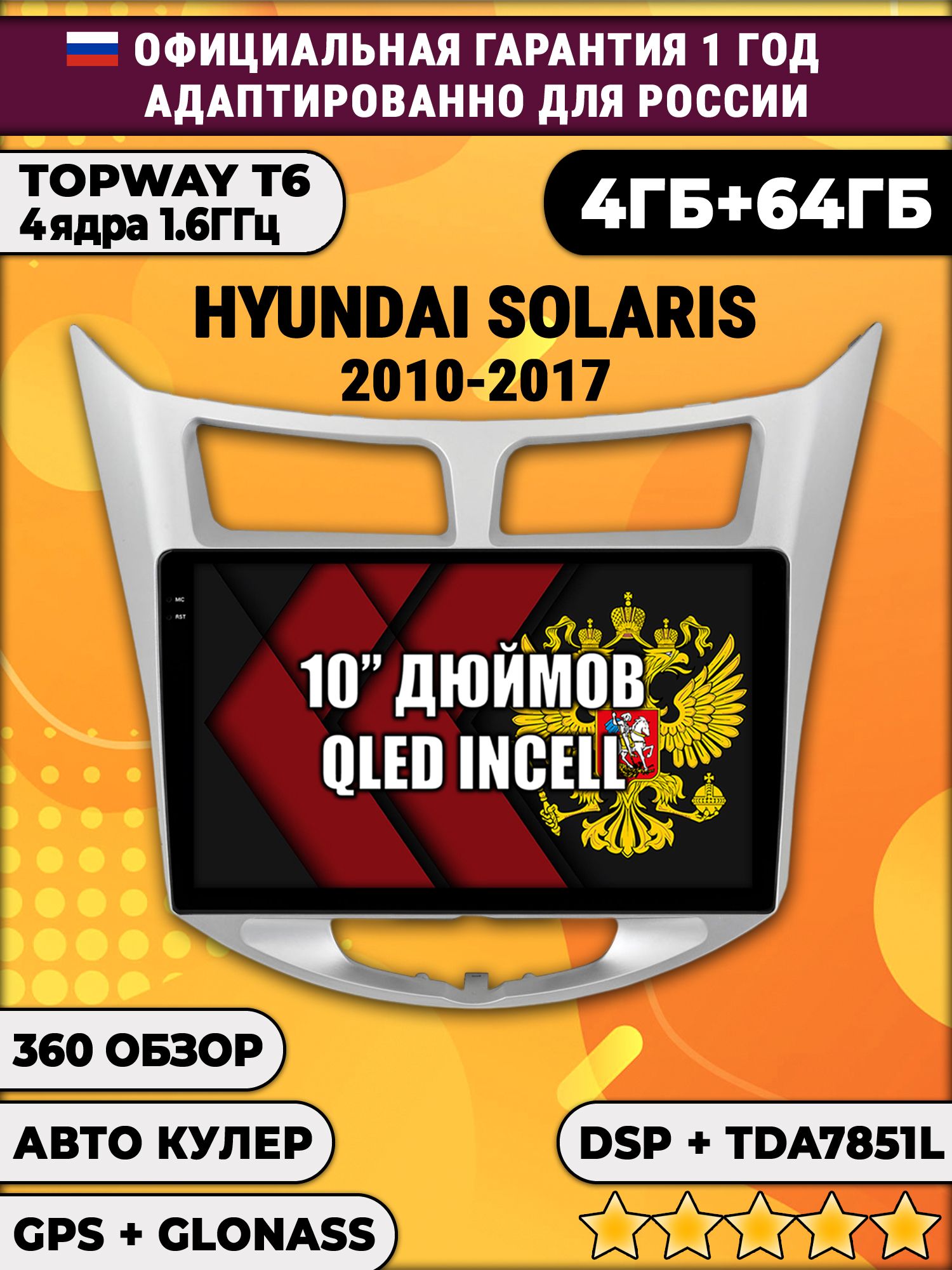 4гб+64гб, DSP, 360, для HYUNDAI SOLARIS (2010 2011 2012 2013 2014 2015 2016 2017) Хендай Соларис, Android магнитола с усилителем TDA7851 без слота сим