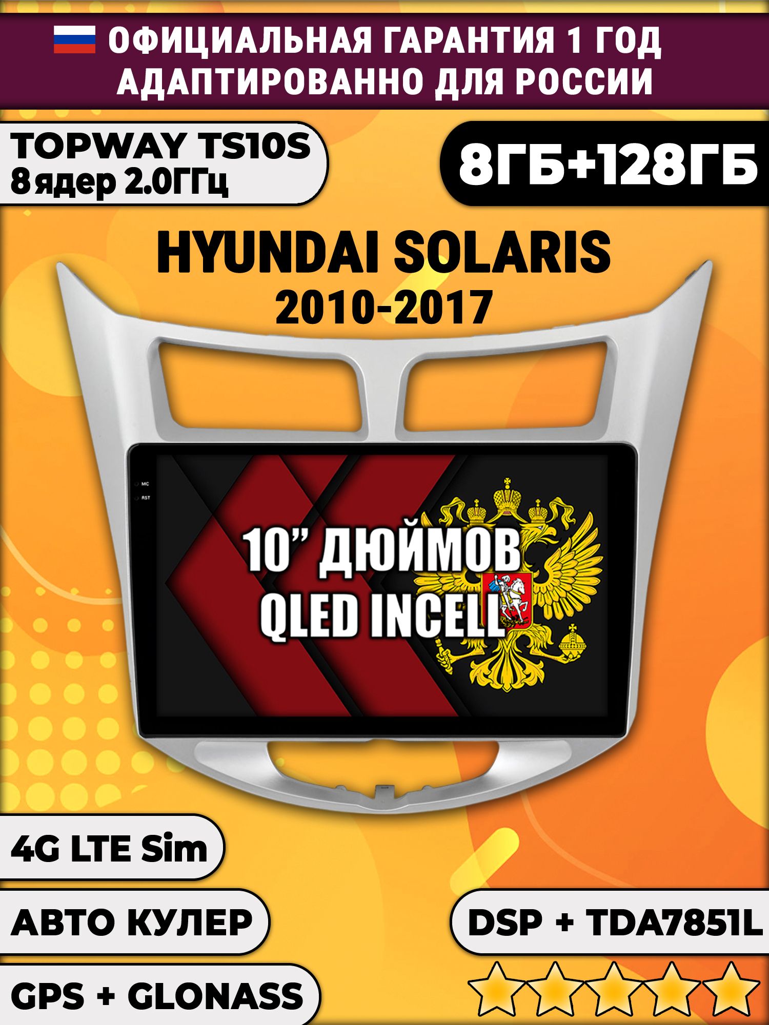 8 ядер TS105, 8/128гб для HYUNDAI SOLARIS (2010 2011 2012 2013 2014 2015 2016 2017) Хендай Соларис, Android магнитола