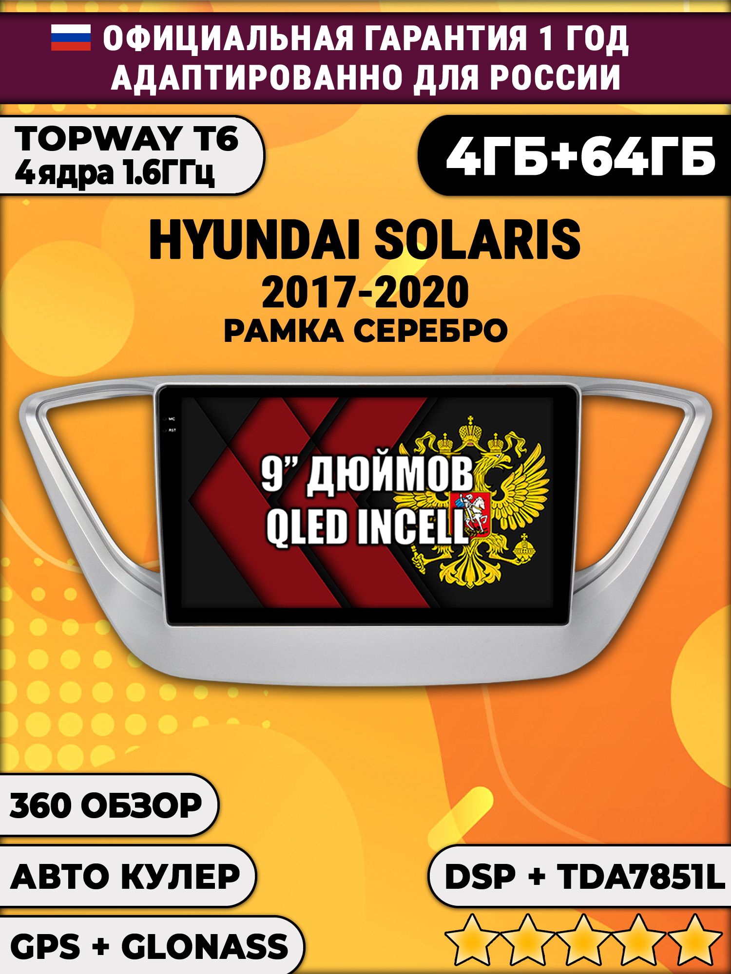 4гб+64гб с DSP для HYUNDAI SOLARIS (2017 2018 2019 2020) Соларис, Android магнитола, без слота под симку, усилитель звука TDA7851 и поддержка 360 камер