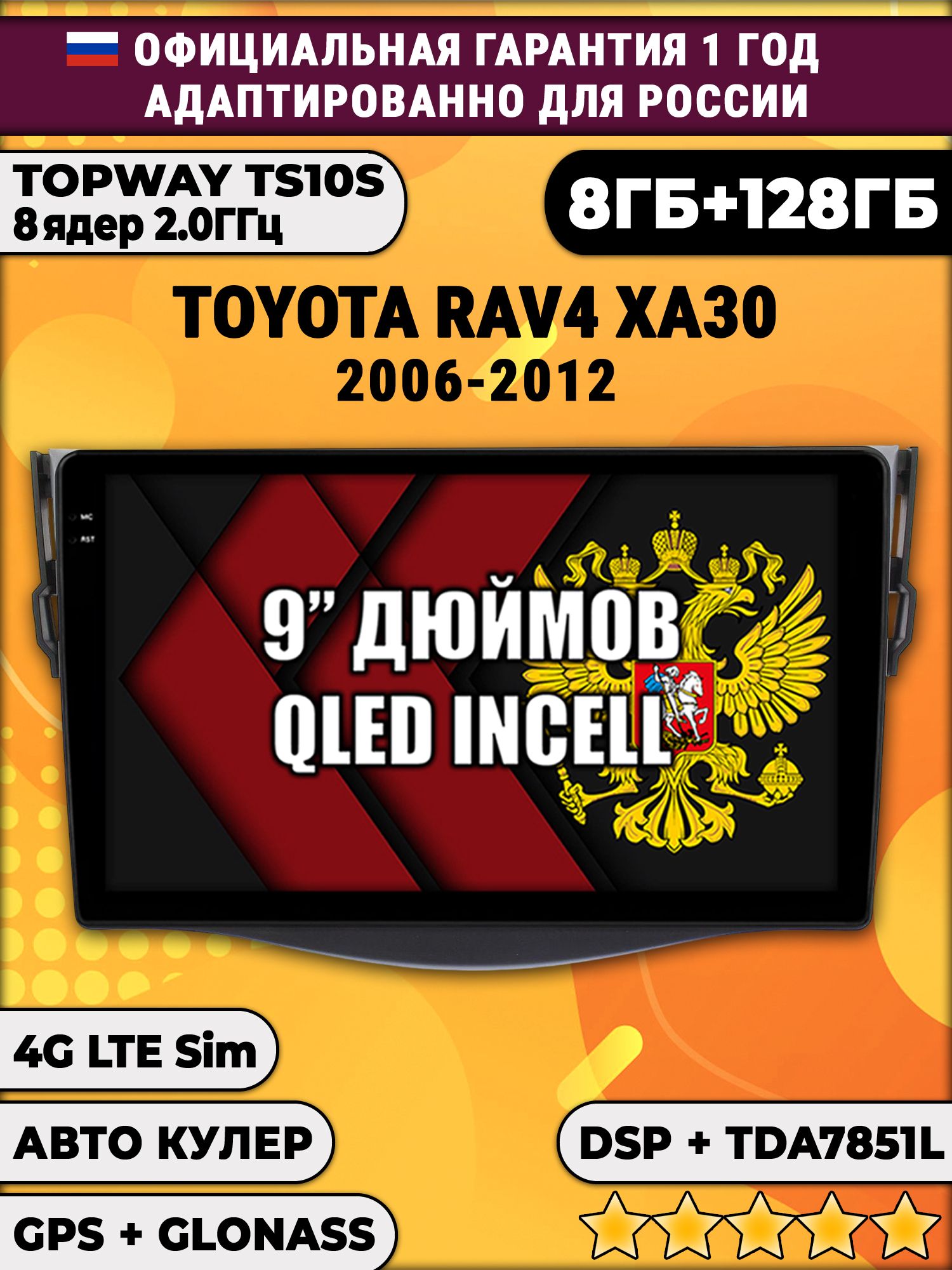 8 ядер TS105, память 8/128гб для TOYOTA RAV4 XA30 (2006 2007 2008 2009 2010 2011 2012) RAV 4, Android магнитола