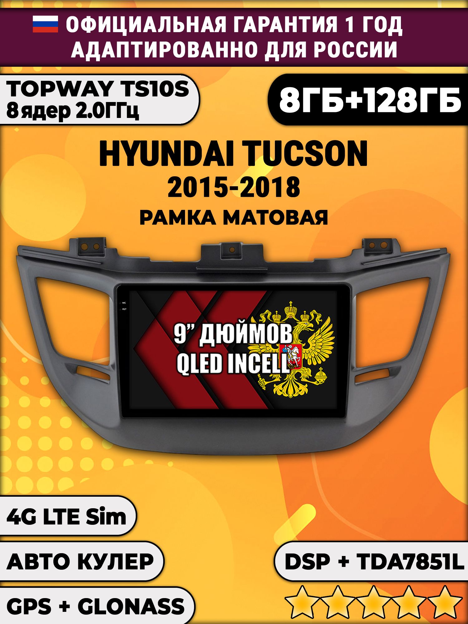 8 ядер TS105, память 8/128гб для HYUNDAI TUCSON (2015-2018), Android магнитола - черная рамка