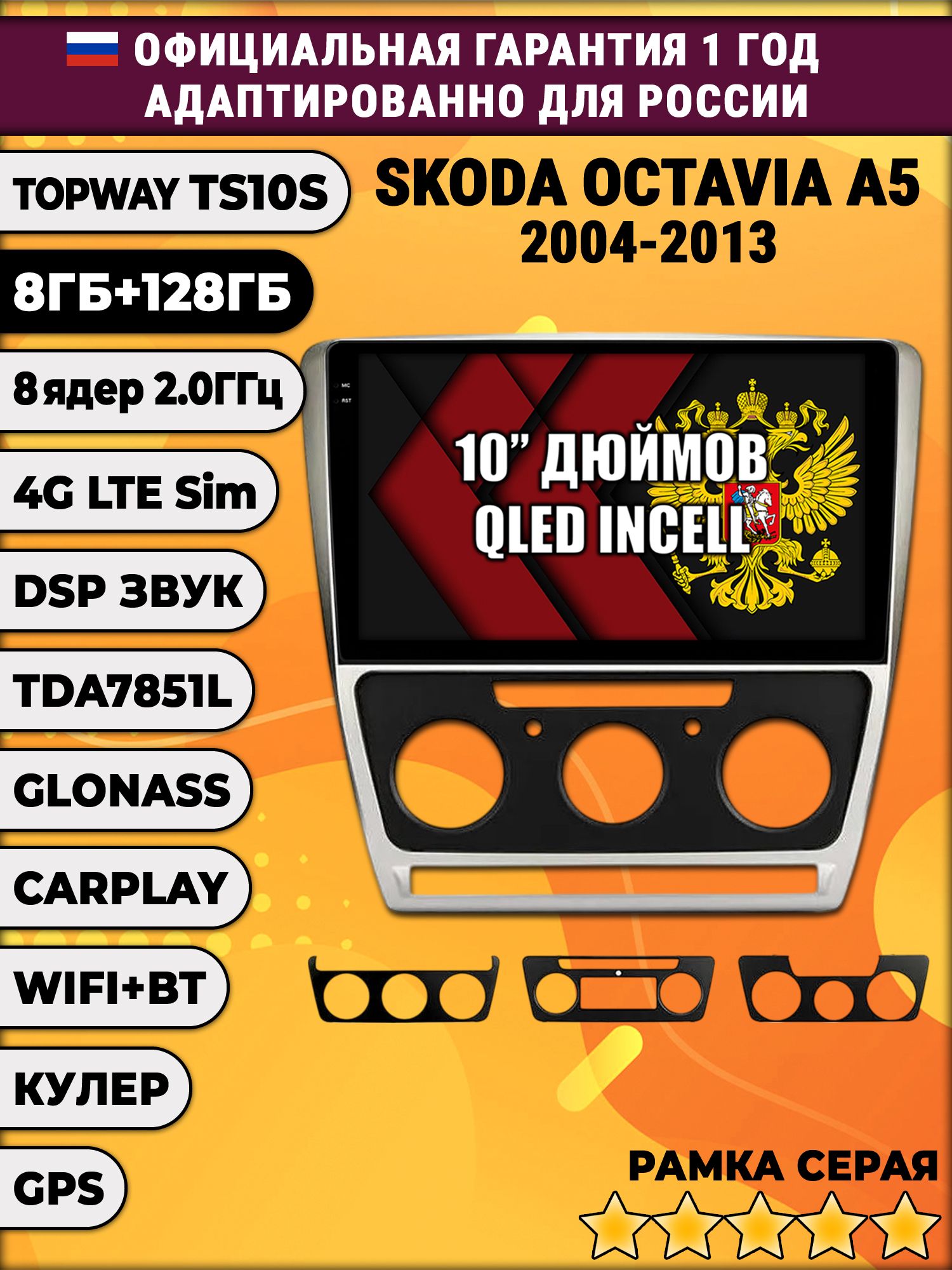 8 ядер TS105, 8/128гб для SKODA OCTAVIA A5 (2004-2013), Android магнитола, рамка серая