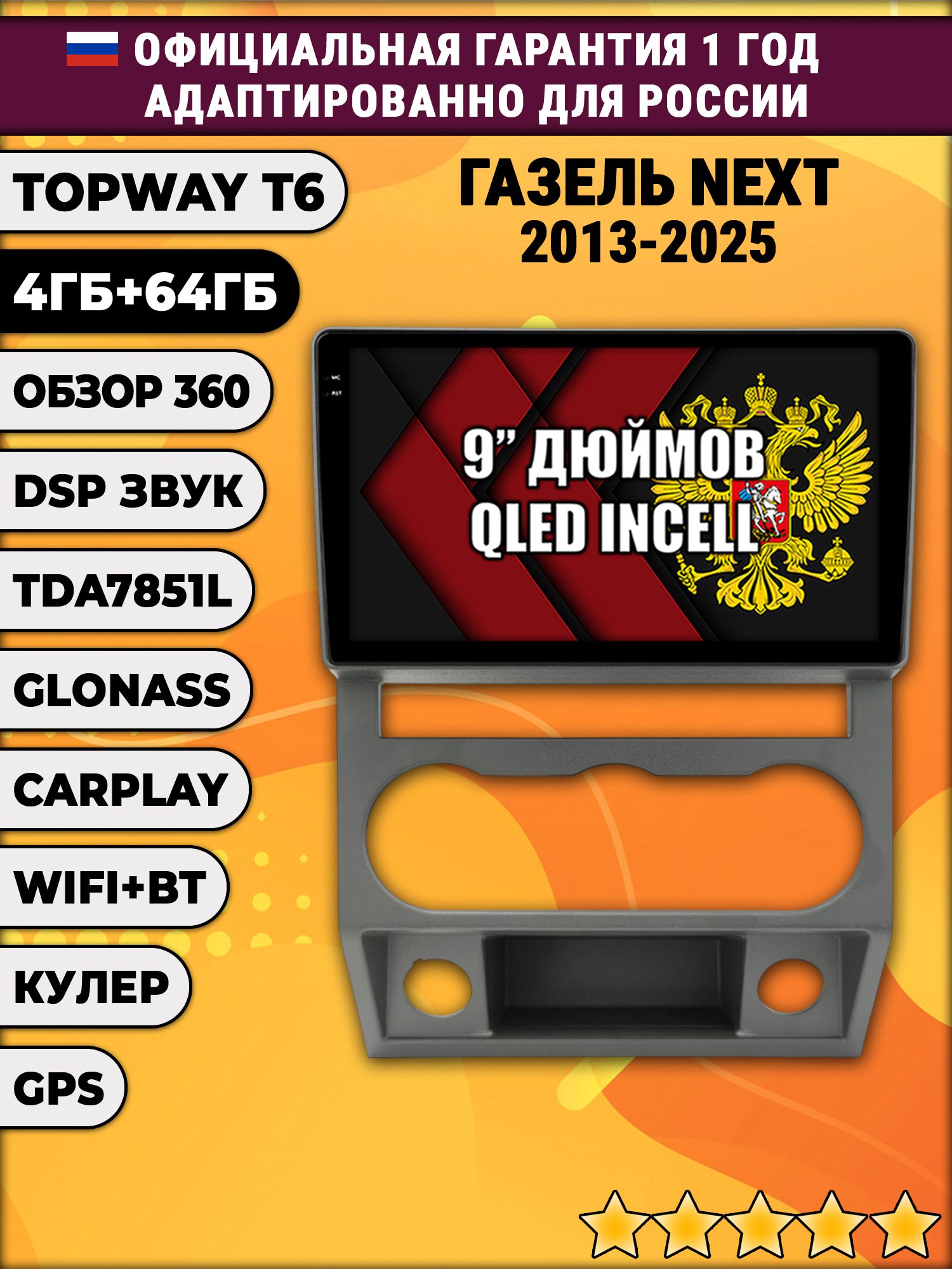 4гб+64гб с DSP для Газель Некст (Next 2013 2014 2015 2016 2017 2018 2019 2020 2021 2022 2023 2024 2025), Android автомагнитола, без слота под симку, усилитель звука TDA7851 и поддержка 360 камер