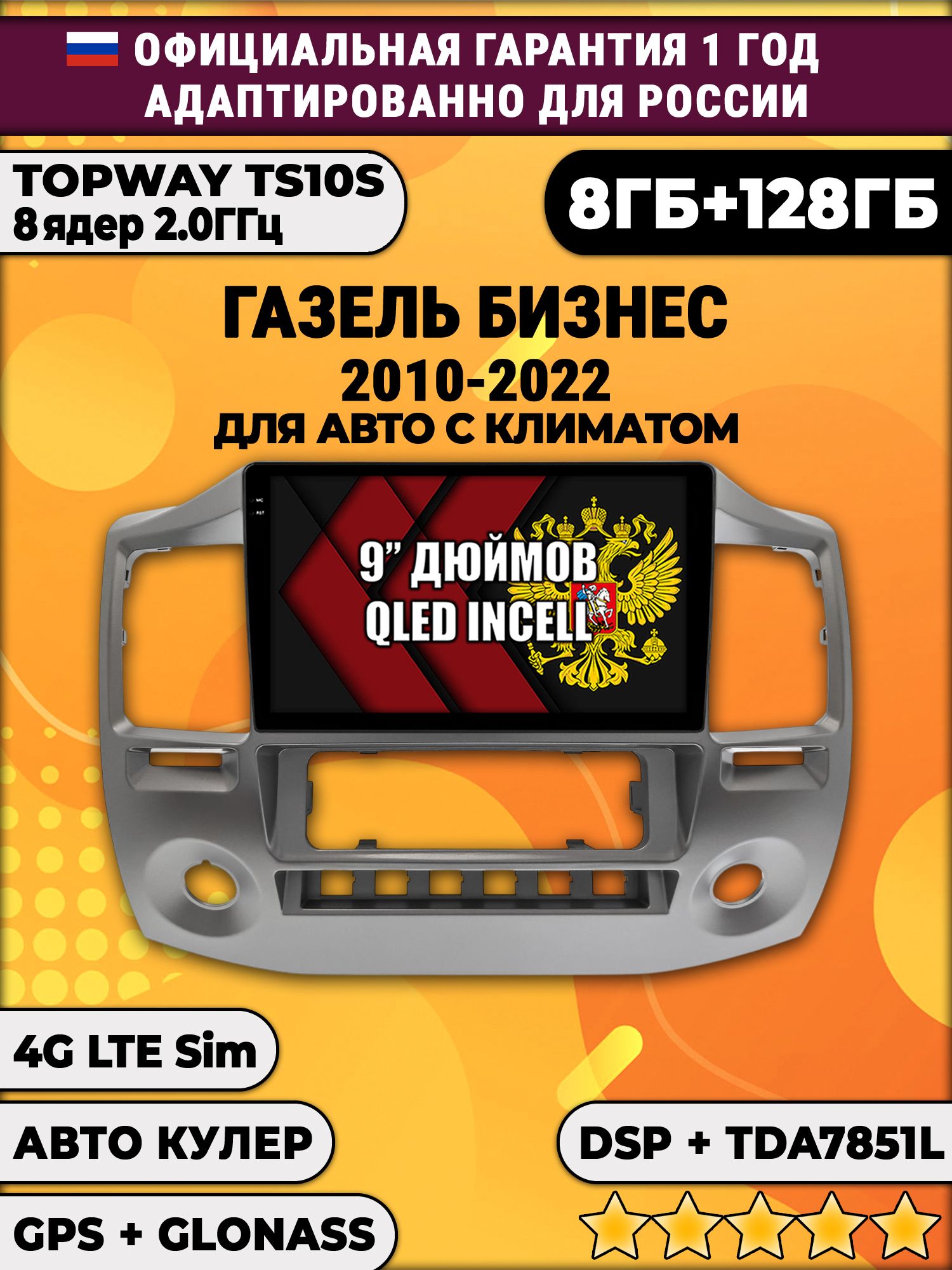 8 ядер TS105, память 8/128гб для ГАЗЕЛЬ БИЗНЕС (2010-2022), Android магнитола
