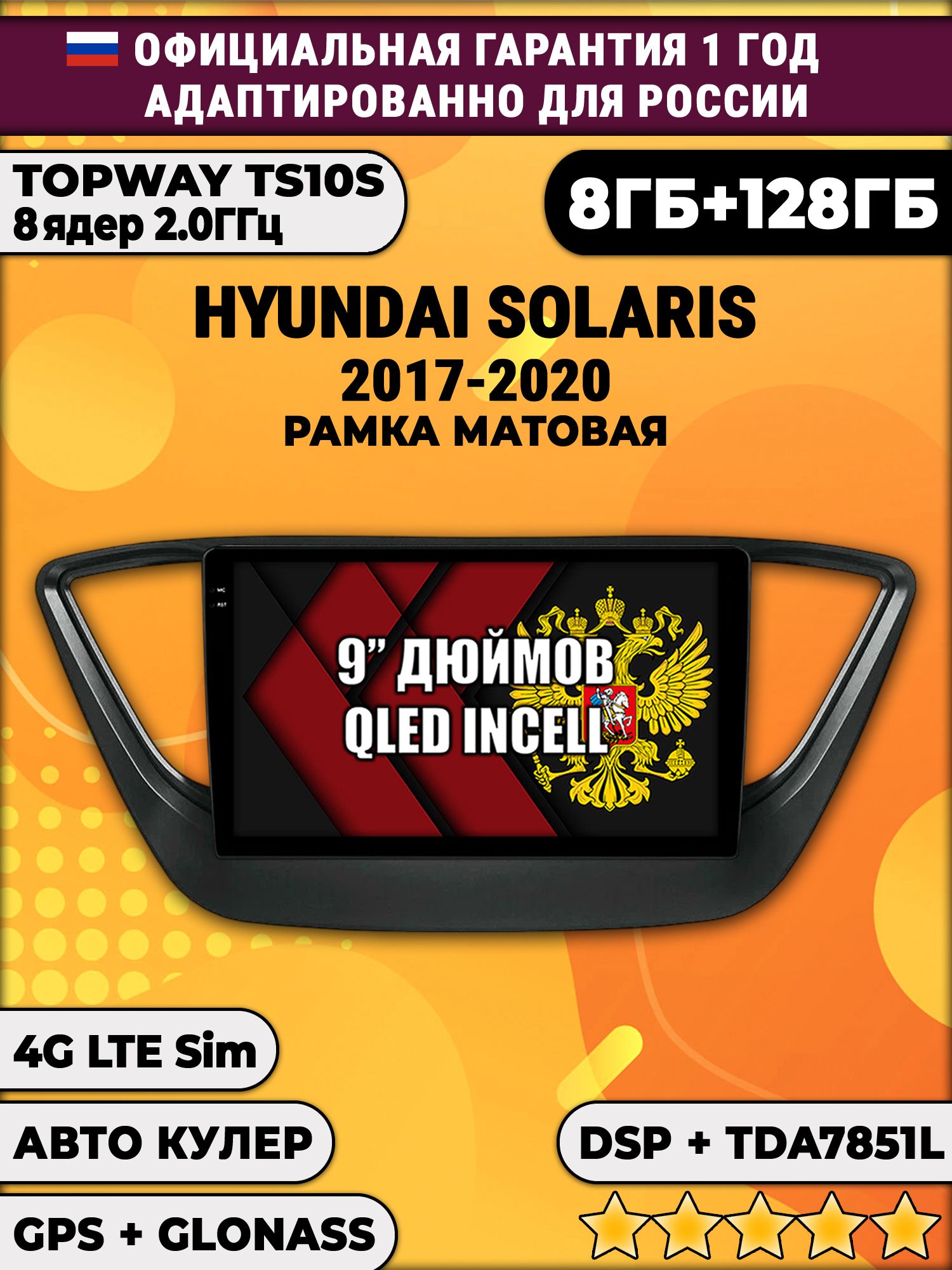 8 ядер TS105, память 8/128гб для HYUNDAI SOLARIS (2017 2018 2019 2020) Соларис, Android магнитола, рамка черная матовая