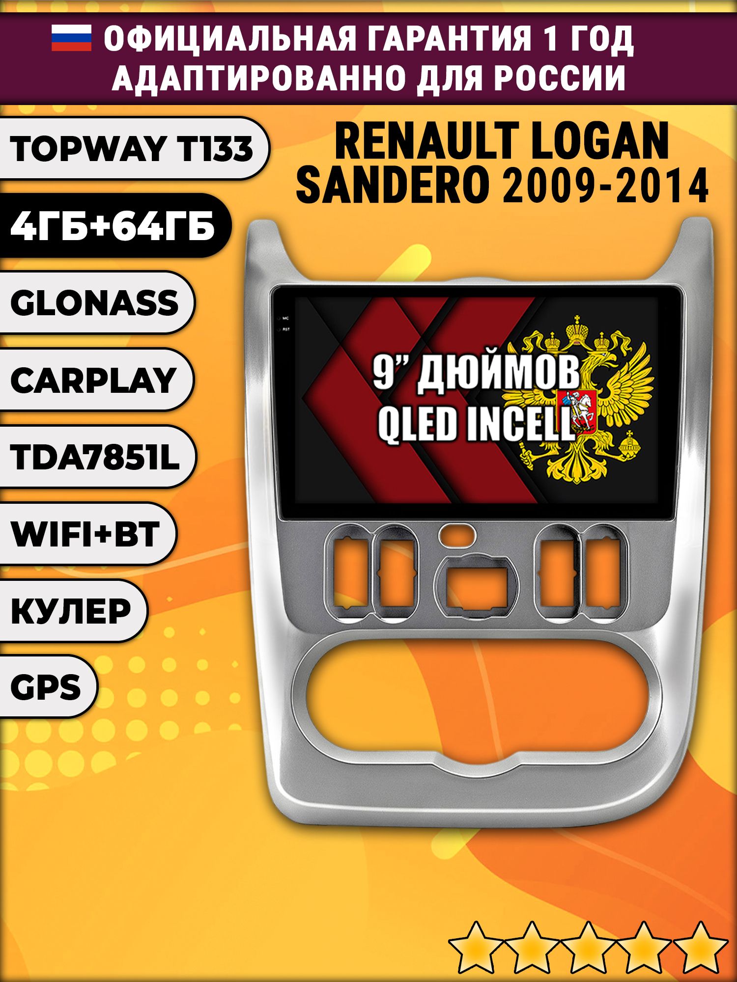 4гб+64гб для RENAULT LOGAN (2009-2014), SANDERO (2009-2014), рамка серебро, Android магнитола, без слота под симку, усилитель звука настоящий TDA7851