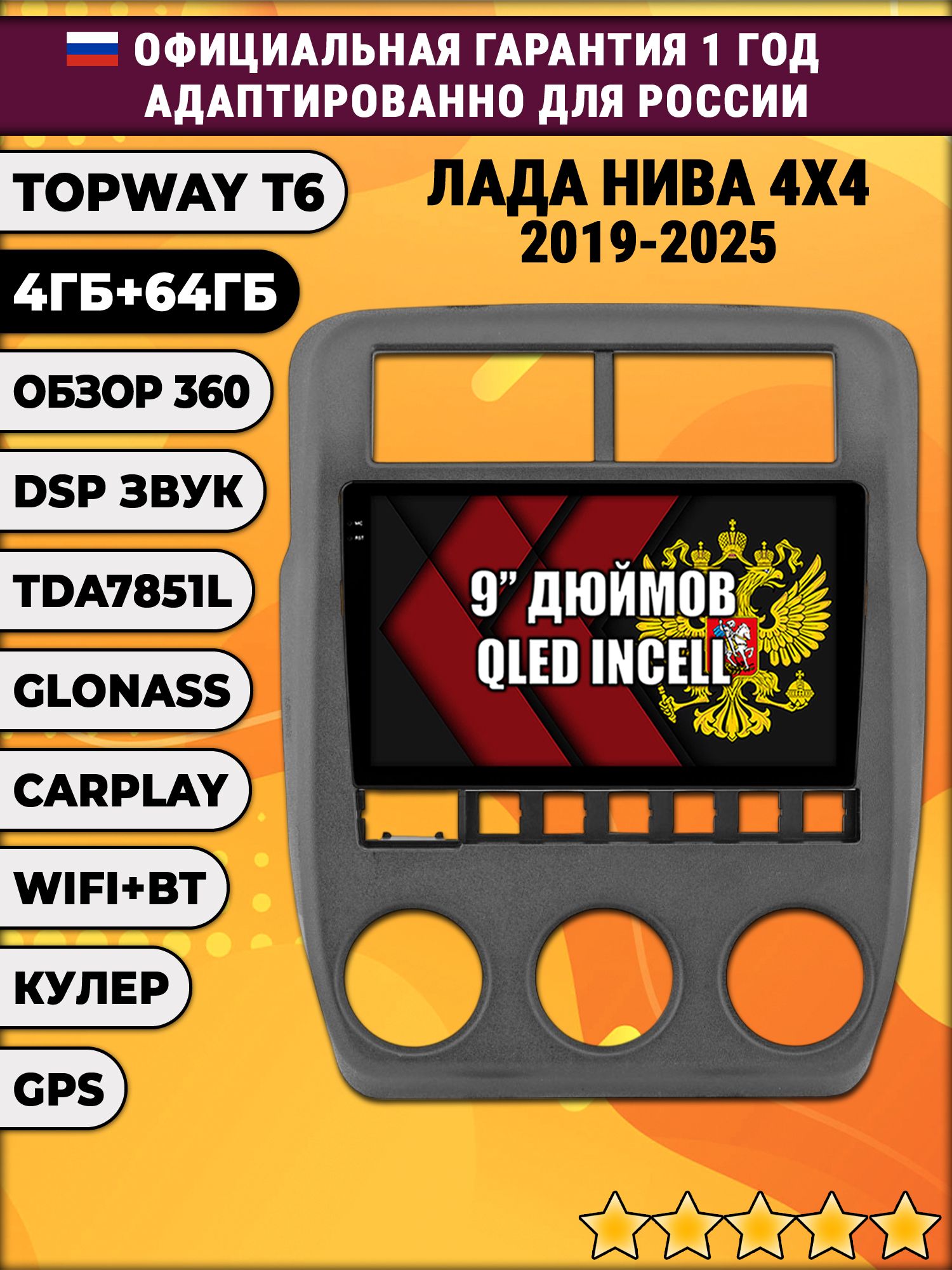 4гб+64гб с DSP для ЛАДА НИВА (2019 2020 2021 2022 2023 2024 2025), LADA NIVA 4X4, Android магнитола, без слота под симку, усилитель звука TDA7851 и поддержка 360 камер