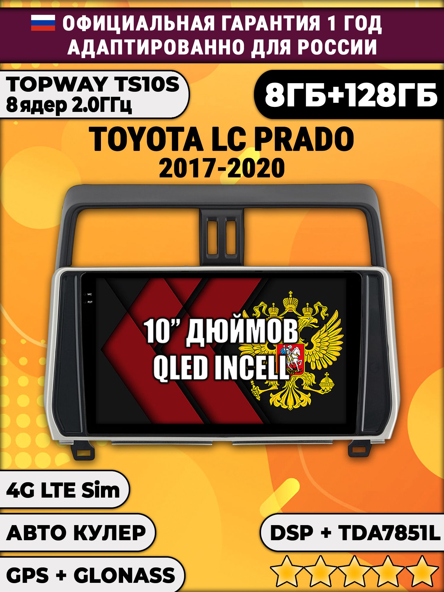 8 ядер TS105, 8/128гб для TOYOTA PRADO 150 (2017-2020) Тоета Прадо, Android магнитола