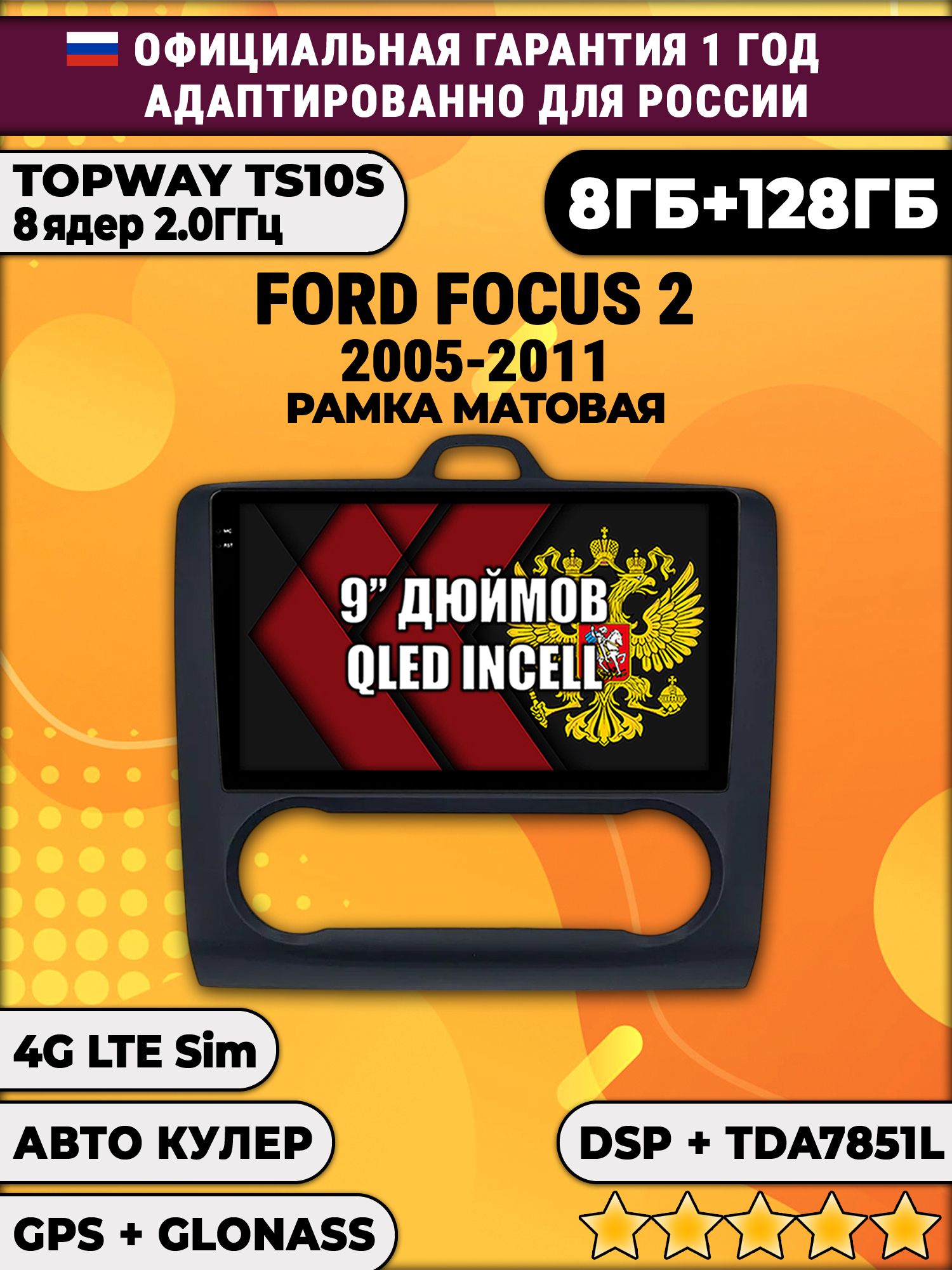 8 ядер TS105, память 8/128гб для FORD FOCUS 2 (2005 2006 2007 2008 2009 2010 2011) Форд Фокус, Android магнитола - Рамка под климат - черная матовая