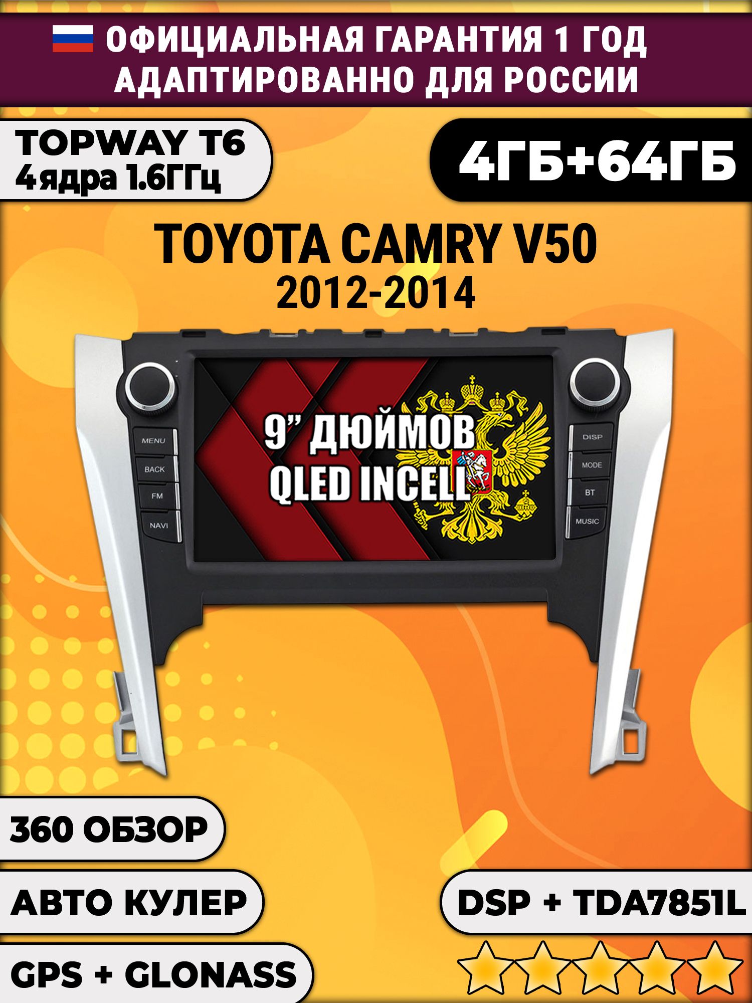 4гб+64гб с DSP для TOYOTA CAMRY V50 (2012-2014), Android магнитола, без слота под симку, усилитель звука TDA7851 и поддержка 360 камер
