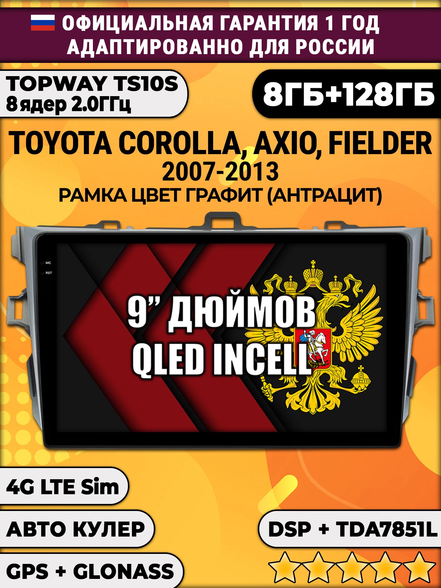 TS105, память 8/128гб для TOYOTA COROLLA (2007-2013), Android магнитола - Серая рамка